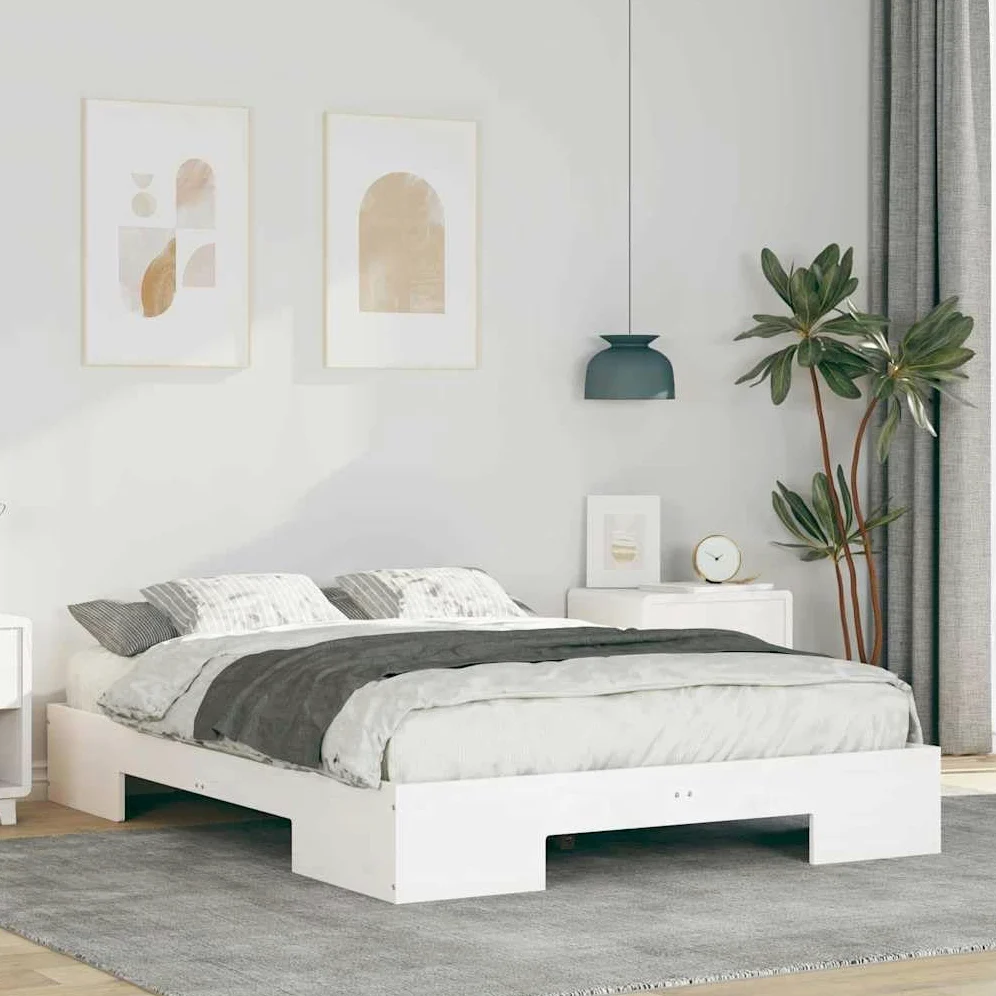 Marco de cama de madera maciza de pino blanco 135 x 190 cm con espacio de almacenamiento y plataforma estable, juego de dormitorio moderno para colchón cómodo y uso a largo plazo