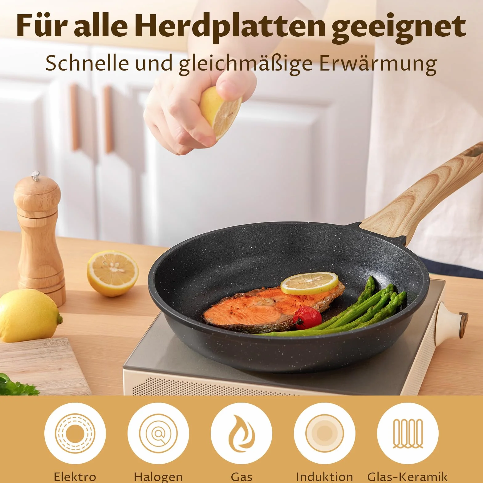 BLAZANT Juego de sartenes antiadherentes de inducción 20+24+28 cm, sartén de inducción para todas las cocinas, sartenes sin PFAS, fácil de limpiar, mango resistente al calor, granito