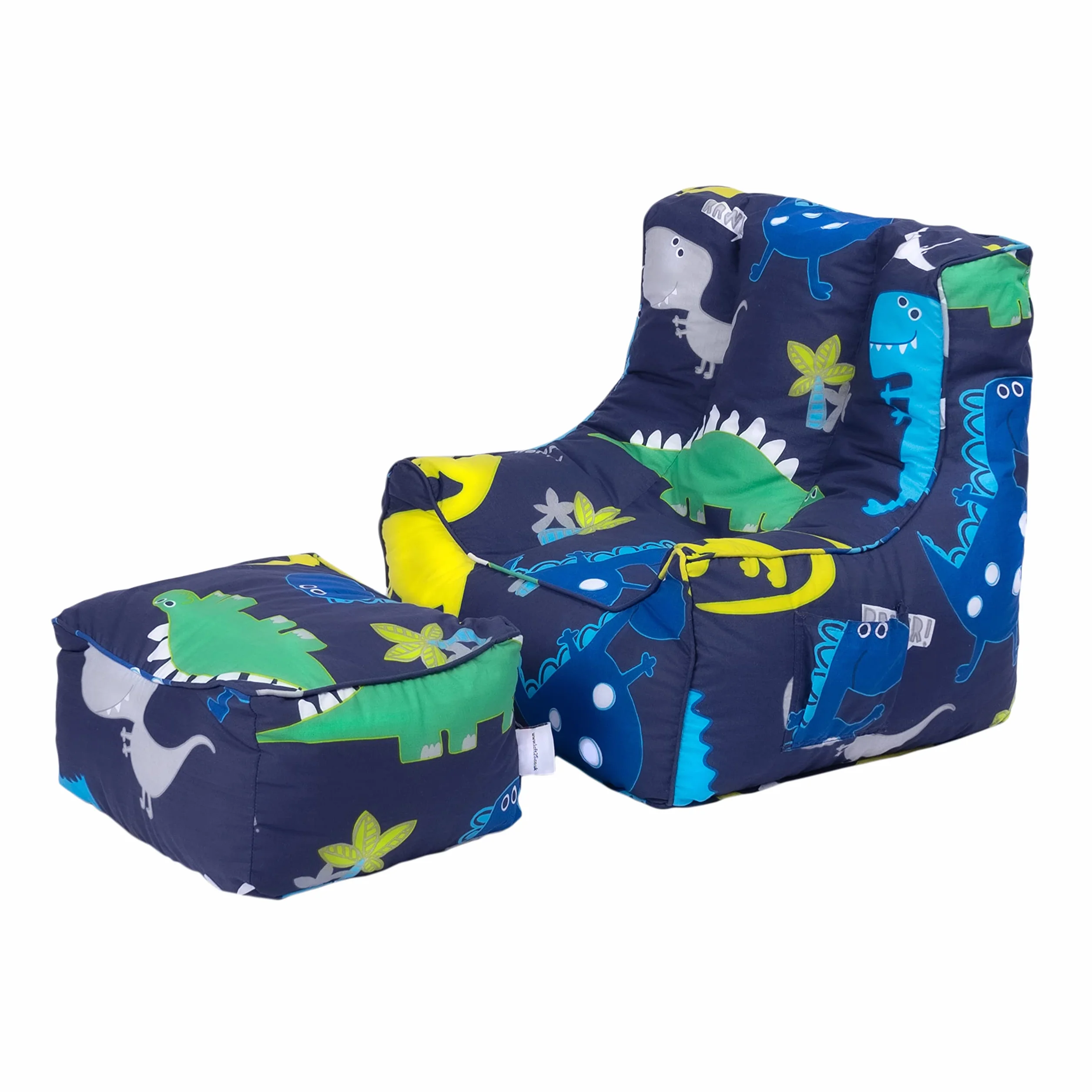 Ready Steady Bed Puf para niños con reposapiés, asiento suave y seguro para jugar a los niños, sillón de diseño ergonómico para niños pequeños, muebles cómodos para niños (dinosaurio oscuro)