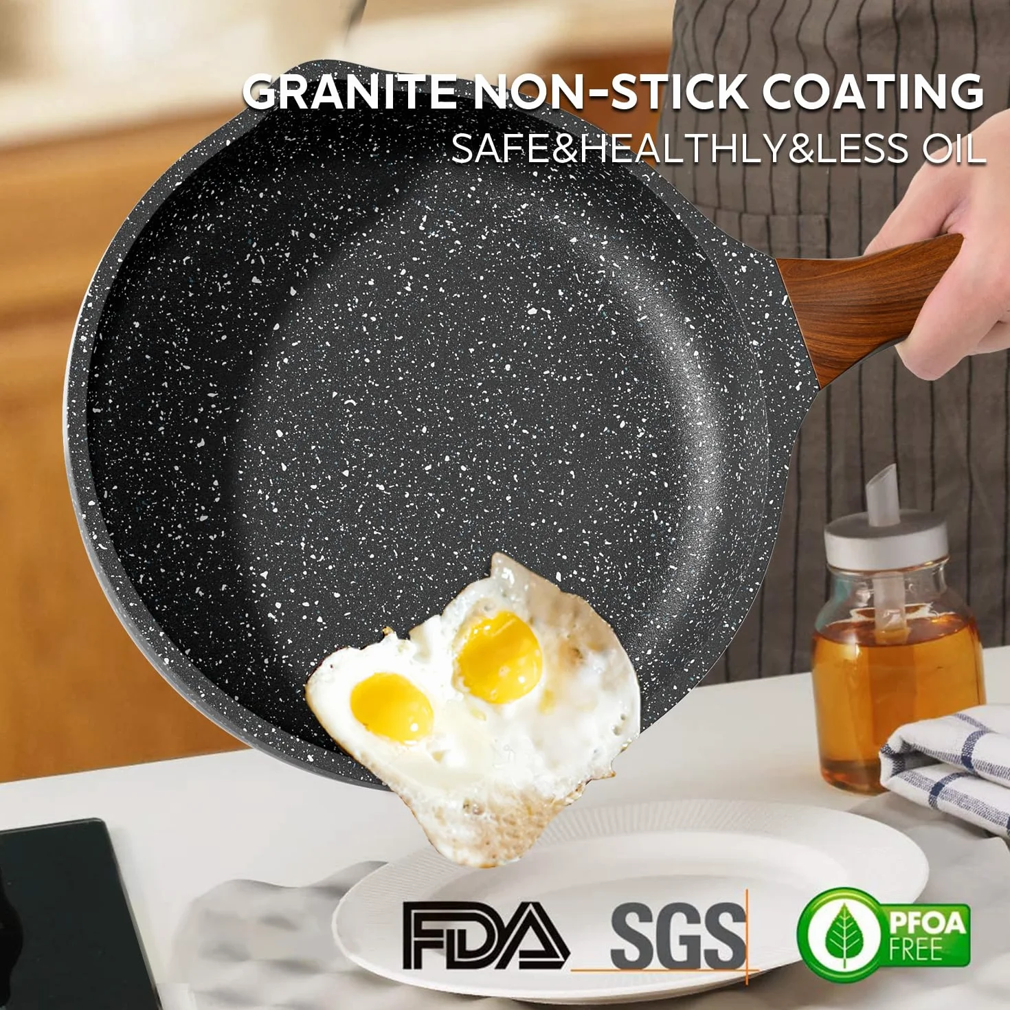 RIOVARM Inducción Juego de sartenes Antiadherente Batería de cocina 20 cm 24 cm 28 cm Granito Sartén para tortillas sin PFOA Mármol Sartenes con mango resistente al calor para varias estufas