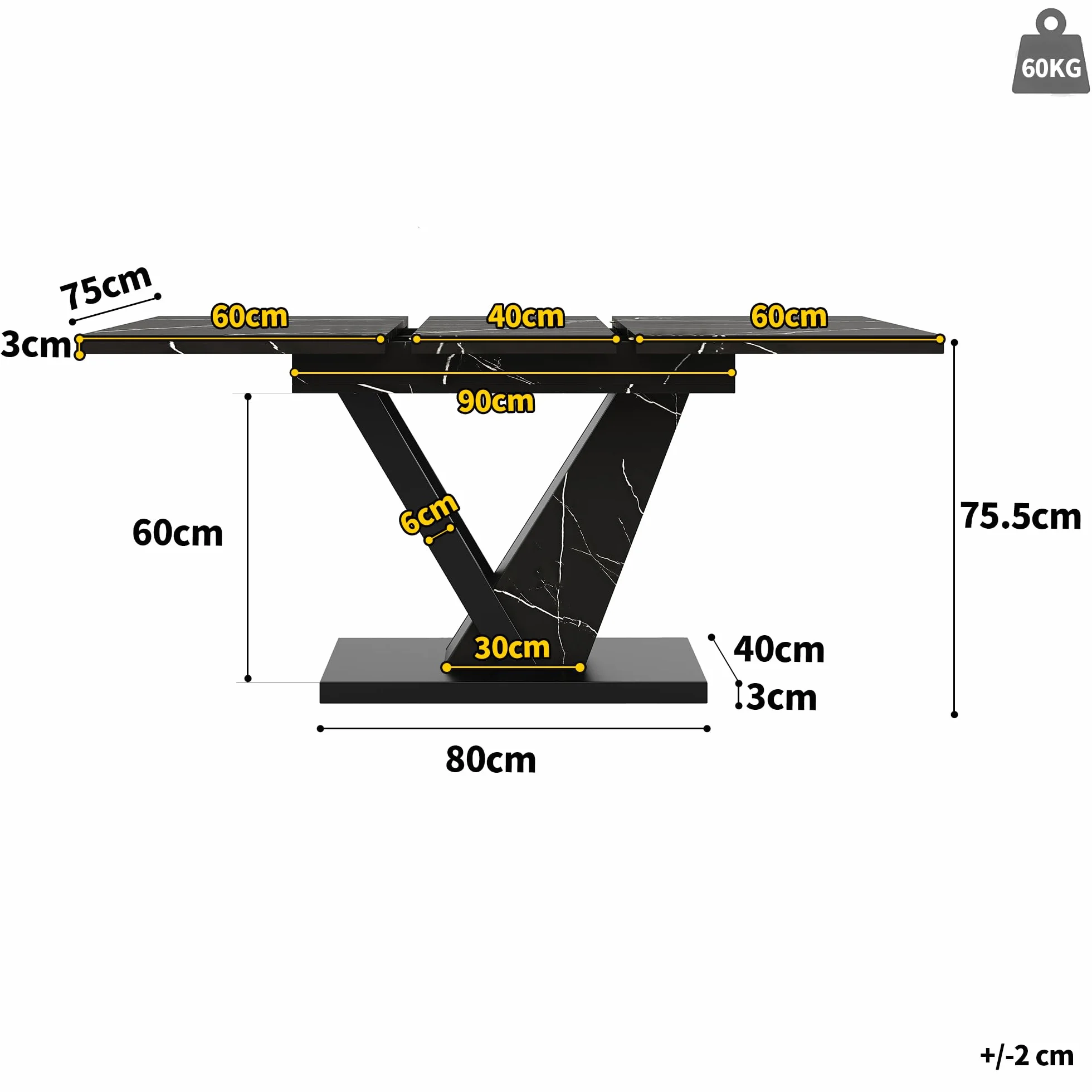 Mesa de comedor (120-160 x 75 cm), telescópica, mesa de cocina, mesa extensible, para cocina y salón, con diseño de mármol negro
