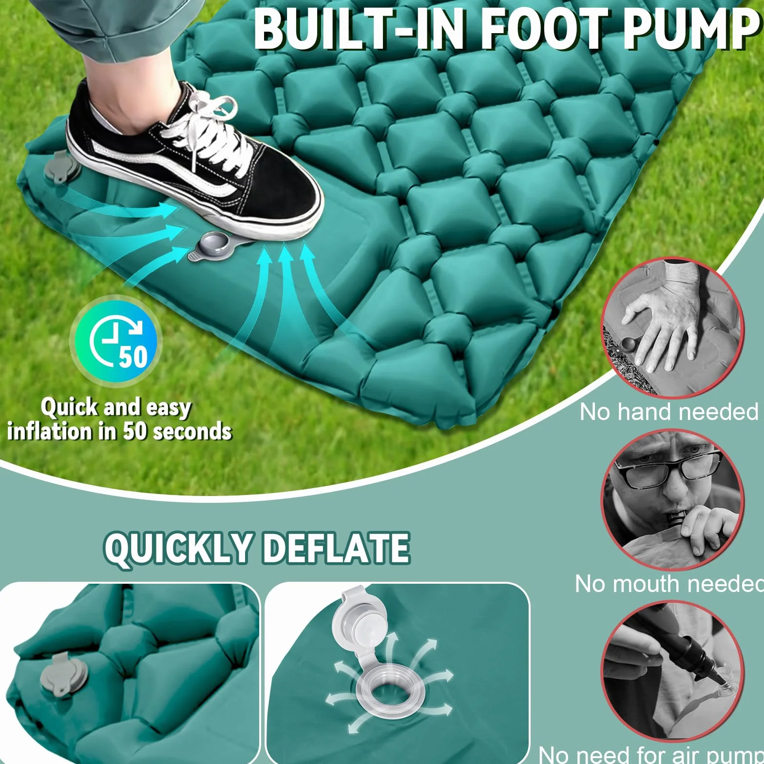 Colchoneta Camping Autoinflable Individual con Bomba de Pie y Almohada, Colchón de Aire Ultraligero Compacto