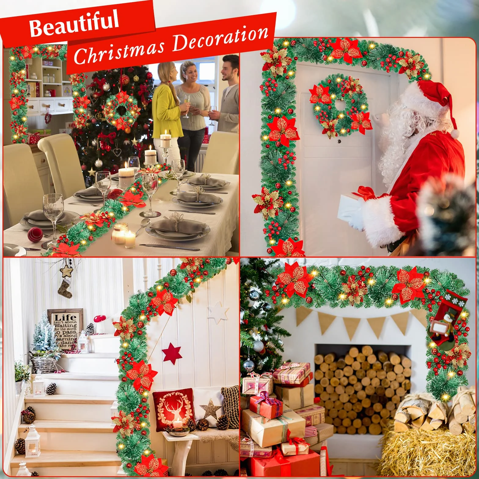 Guirnalda de Navidad, 2,7 Metros Guirnaldas navideñas con Luces LED, Corona de Frutos Rojos para Escaleras Chimeneas Puertas, Guirnaldas navideñas Artificiales Decoración Interior Exterior