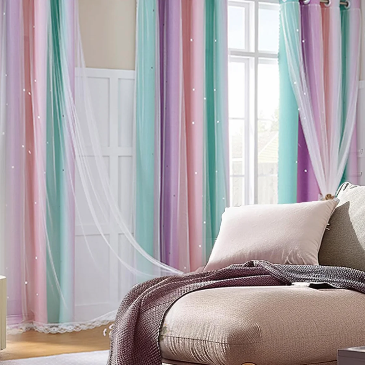 Cortinas Opacas Arcoíris para Dormitorio de Niñas, Rosa Morado Verde, 132x106 cm