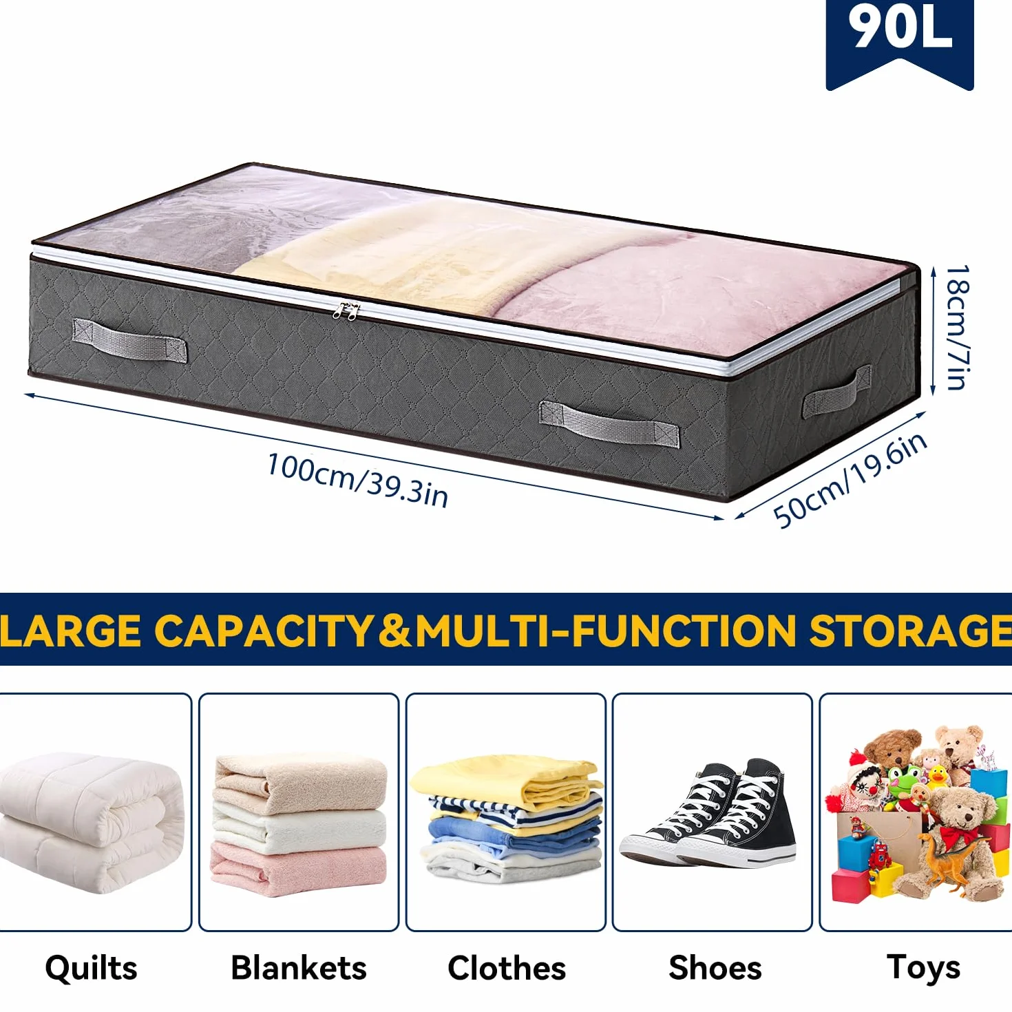 2 Piezas Cajas Almacenaje Ropa 90L, Almacenaje Bajo Cama, Organizador De Canape Plegable Bolsas Para Guardar Ropa Con Mango Reforzado, Caja Organizador Armario Para Edredón, Manta Zapatero