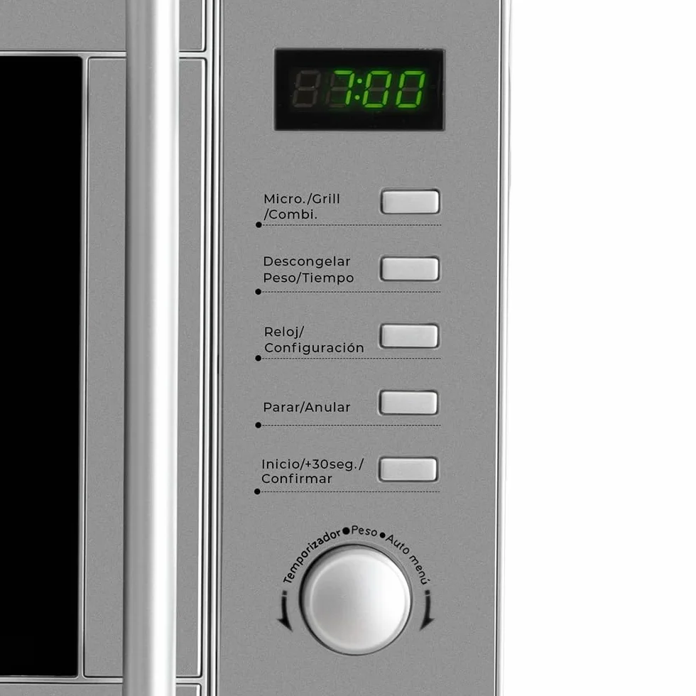 Svan Microondas 20 Litros con Grill Inox SMW2700DGX. 700W, Grill 1000W, 8 Programas, Modo Descongelación, Revestimiento Interior, Fácil Limpieza, Temporizador 95min.