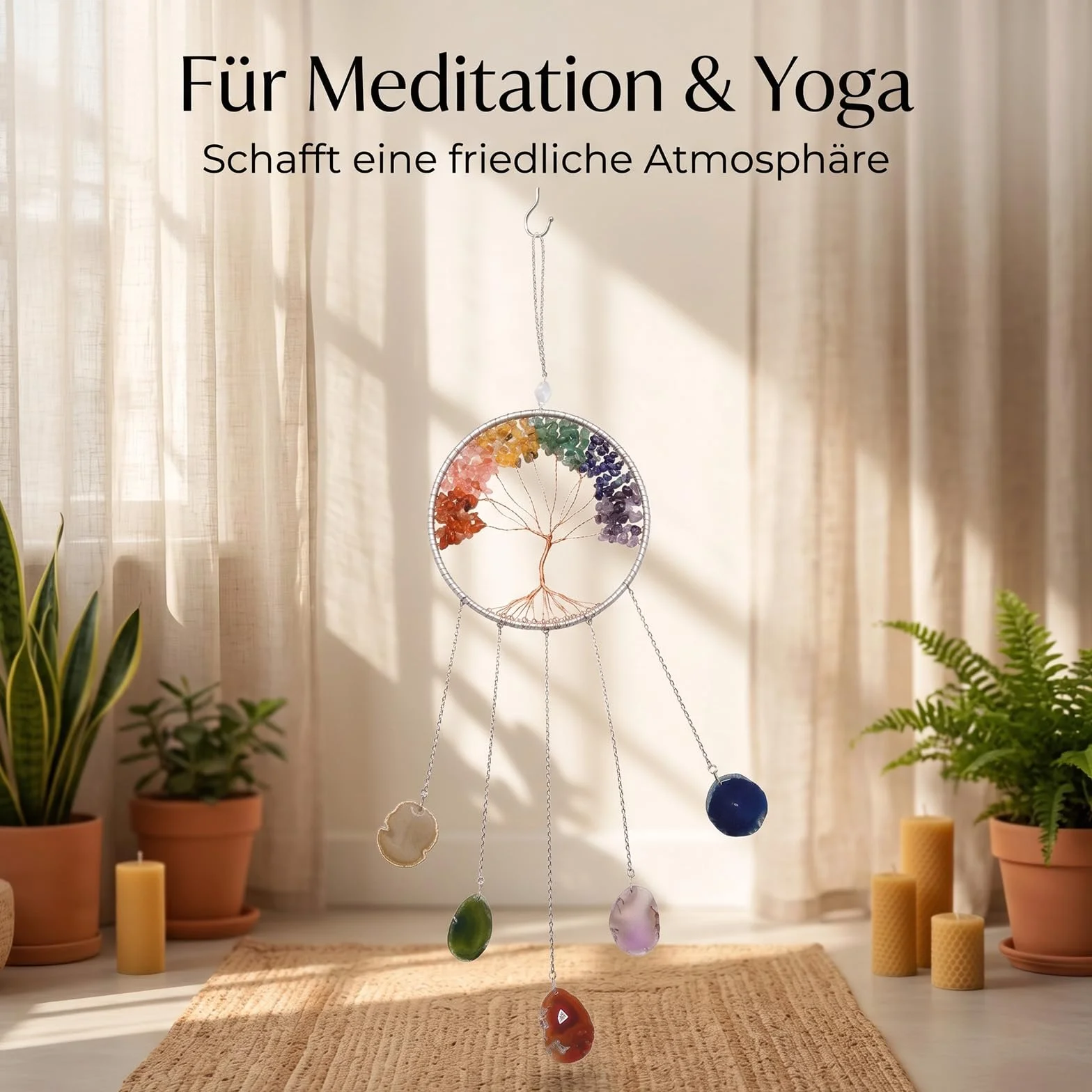Hoypeyfiy Cristales árbol de la vida atrapasueños, piedra preciosa natural ágata chakra escudo colgante de pared decoración del hogar para meditación yoga arte de pared
