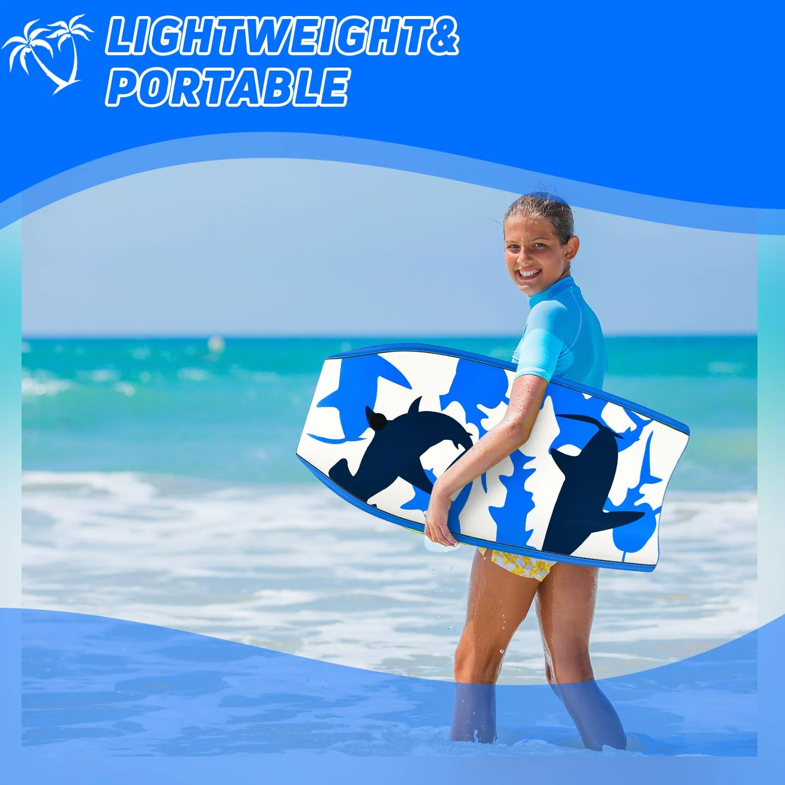 HOMASIS Bodyboard Antideslizante XPE HDPE Tabla Surf Estampado Tiburón Portátil Niños Adultos Azul