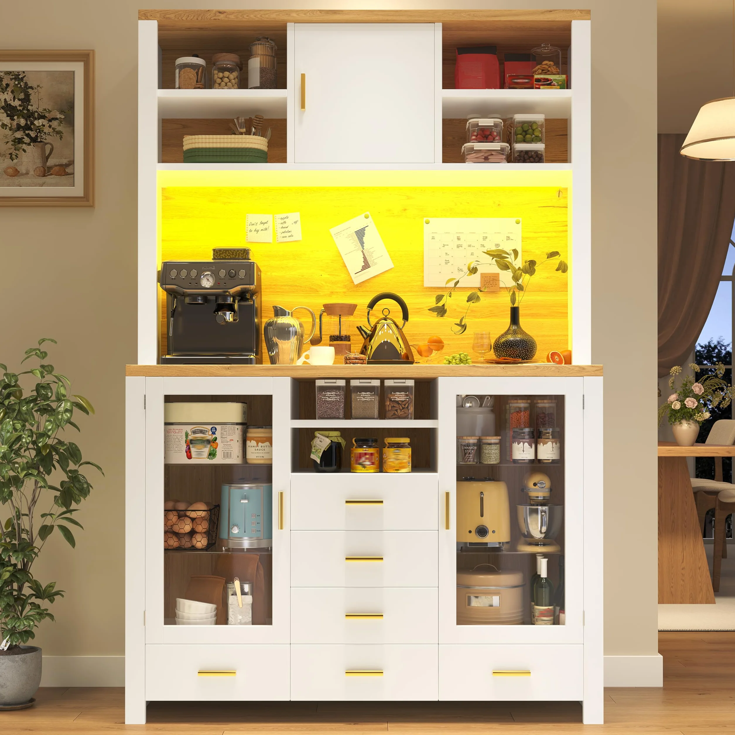SACOOL Armario de cocina multifunción, 120 x 40 x 188 cm, estilo rústico, 4 puertas, 6 cajones y 3 puertas, color blanco con aspecto de madera, color blanco