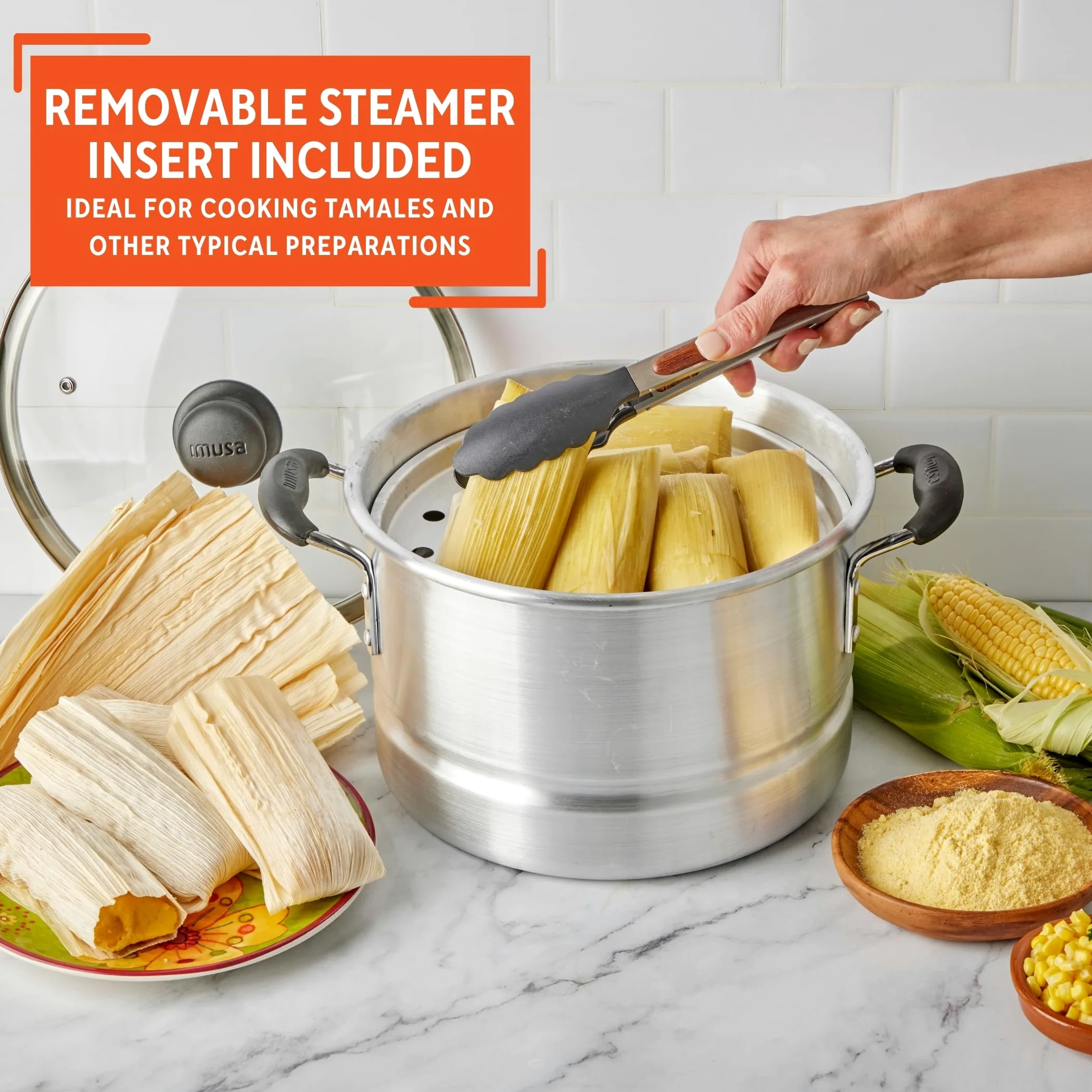 Imusa 10 Quart Aluminio Cool Touch Accesorio para cocinar al Vapor con Tapa de Cristal, Color Plateado