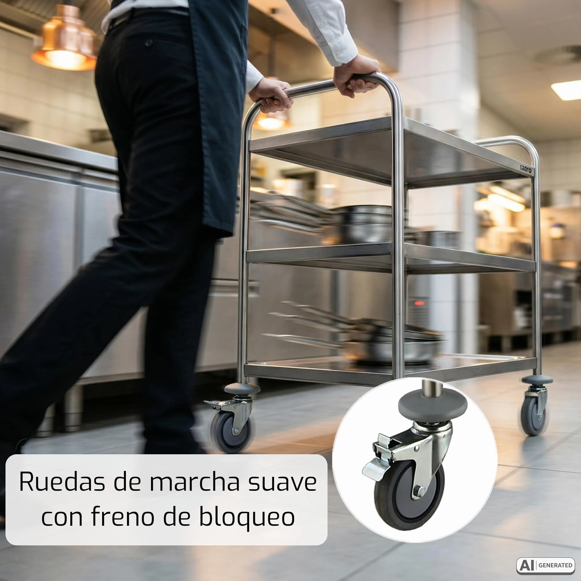 SARO BASTIAN Carro de transporte y servicio con 3 bandejas, acero inoxidable, 80 kg de carga, 4 ruedas (2 con freno), 86 x 54 x 94 cm, para gastronomía y servicio