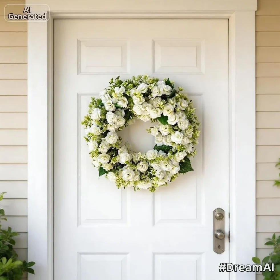 Corona de rosas con pétalos artificiales blancos y rosas para montaje en pared de puerta, primavera, verano, boda, interior y exterior (blanco)