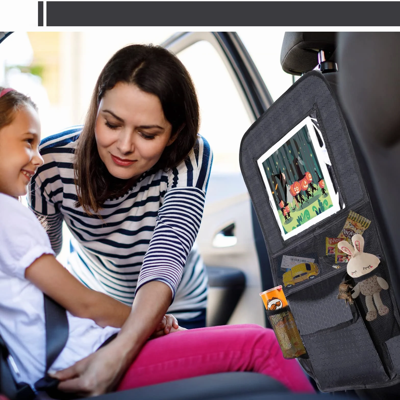 Romon Protector Asiento Coche Silla Bebe,Organizador de Asiento Trasero para Coche, Resistente al Agua y fácil de Limpiar, Tejido Oxford organizador de asiento con mucho espacio de almacenamiento