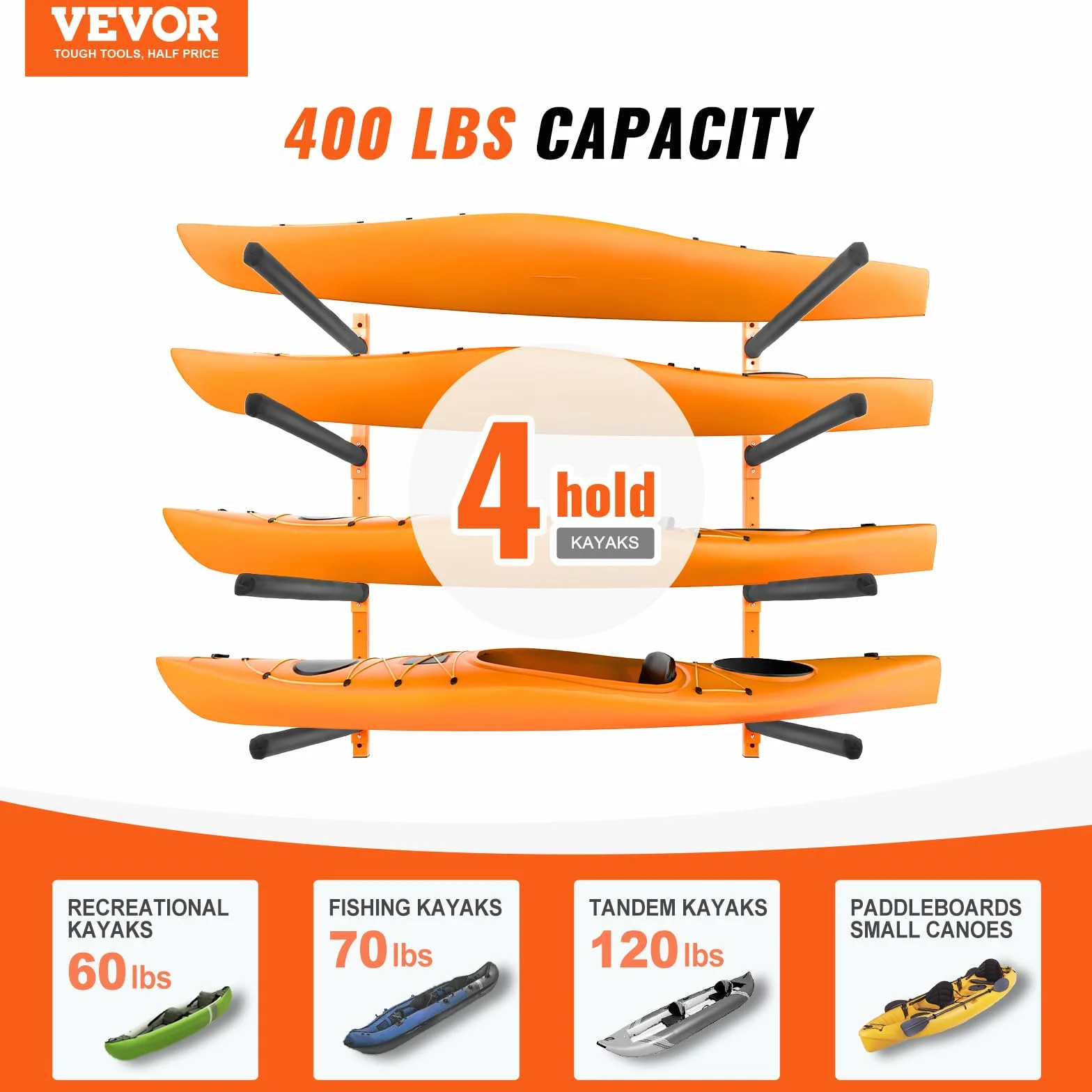 VEVOR Soporte de Pared para 4 Kayaks, Estante para Kayak, Carga de 400 Libras