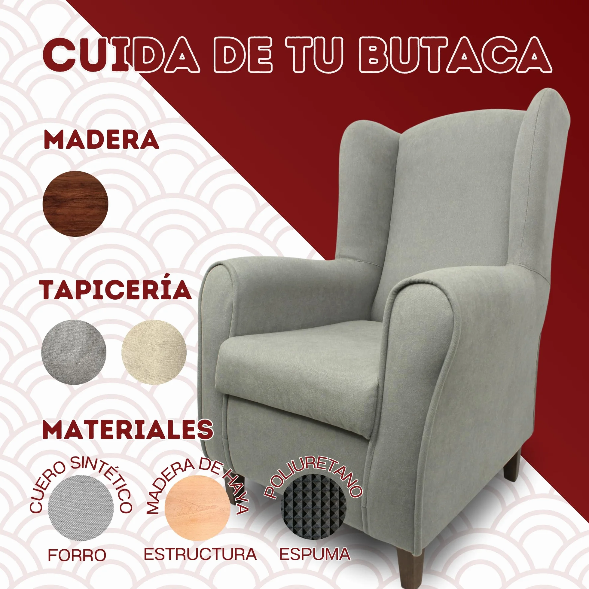 HOME DESIGN & CONFORT® Sillón Orejero con Tela Antimanchas para Dormitorio, Salón, etc | Butaca Orejero Fabricado en España (Gris)
