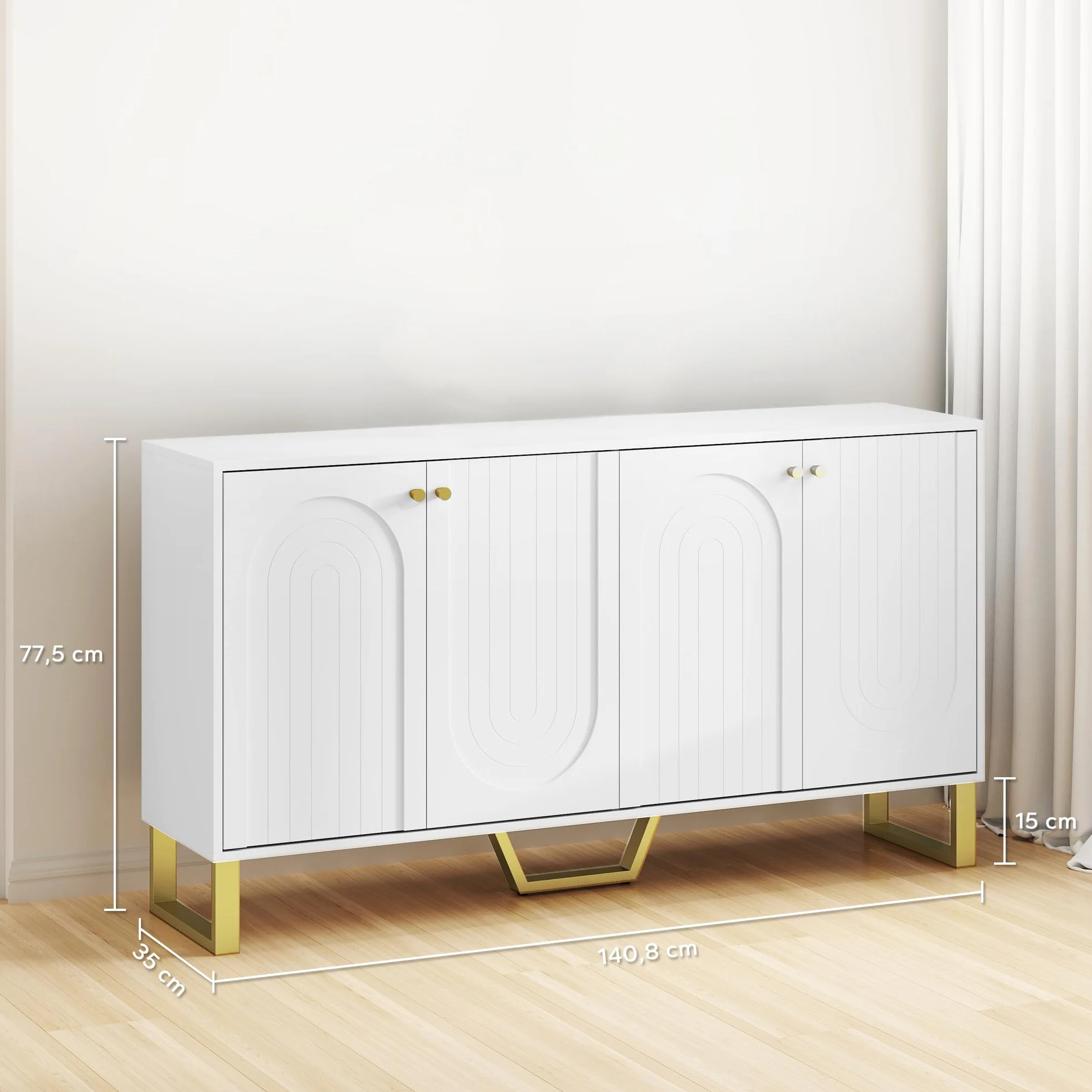 HOMCOM Aparador 4 Puertas Aparador para Salón Moderno con Estantes Ajustables y Patas Doradas para Comedor Entrada Mueble para TV hasta 65 Pulgadas Blanco 140,8x35x77,5 cm
