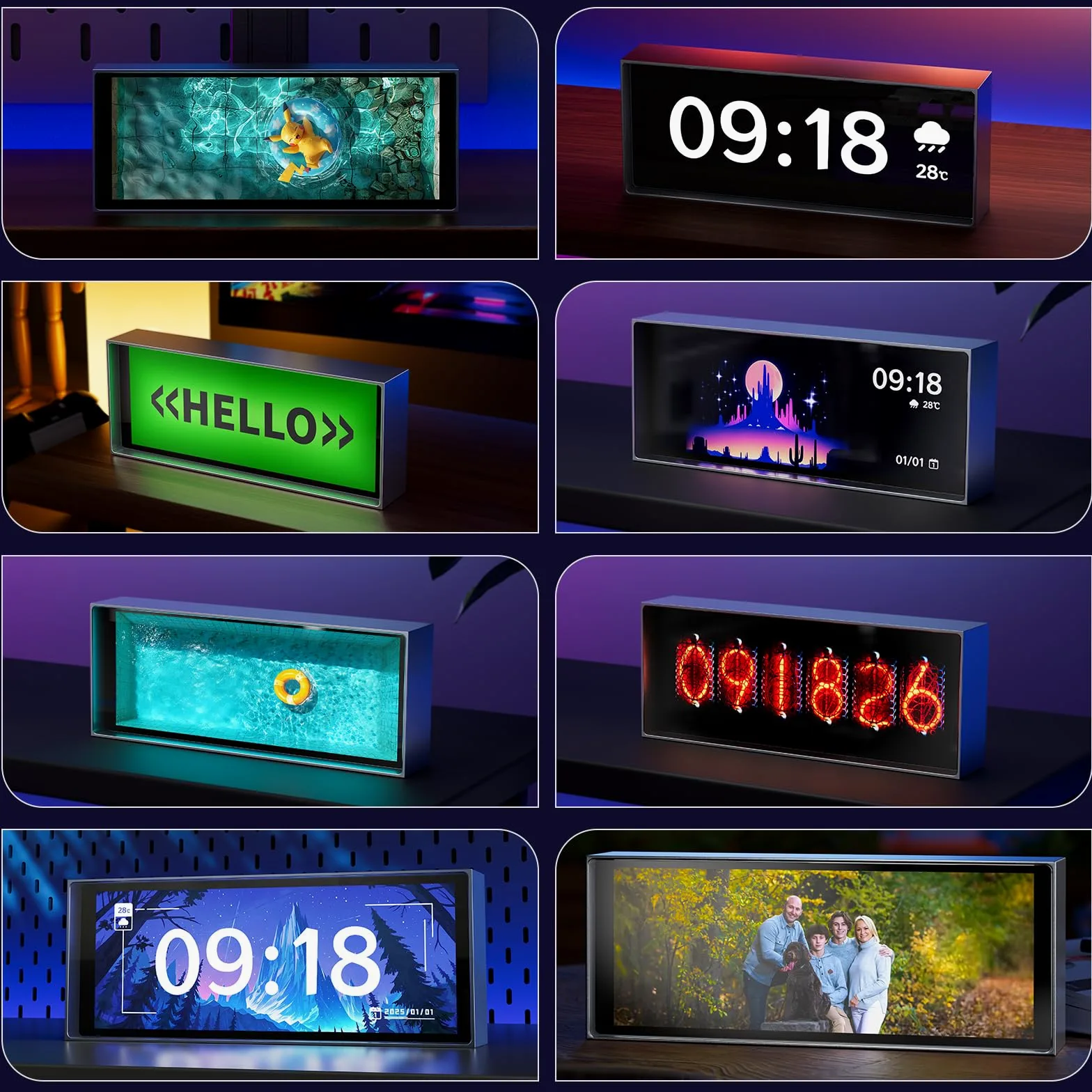 Reloj despertador digital con LED, reloj despertador digital con clima, reloj de tubo con control de aplicación, 5 modos de visualización de la hora, pantalla de fotos personalizada, reloj