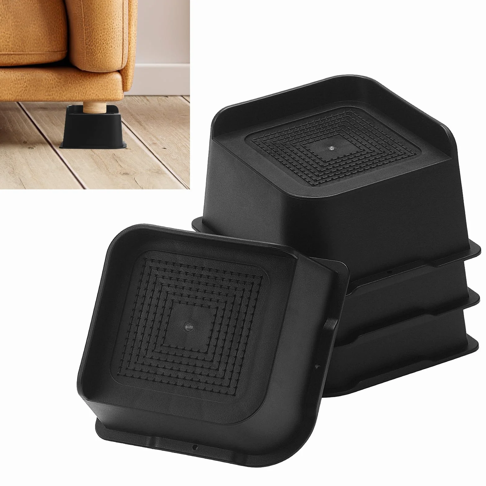 4 elevadores de muebles de plástico negro en forma de L de 3 pulgadas, patas ajustables para cama y mesa con almohadillas antideslizantes
