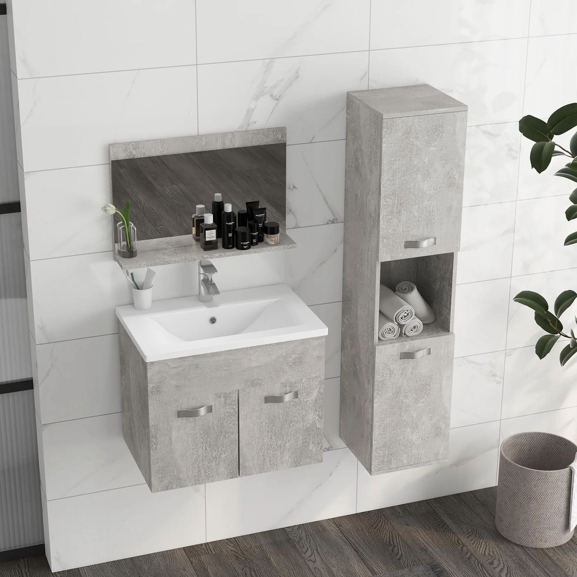 kleankin Conjunto de Muebles de Baño de Pared de 3 Piezas, Incluye Espejo, Mueble de Baño con Lavabo Cerámico, Armario Alto con Estantes Ajustables, Estilo Moderno, Gris