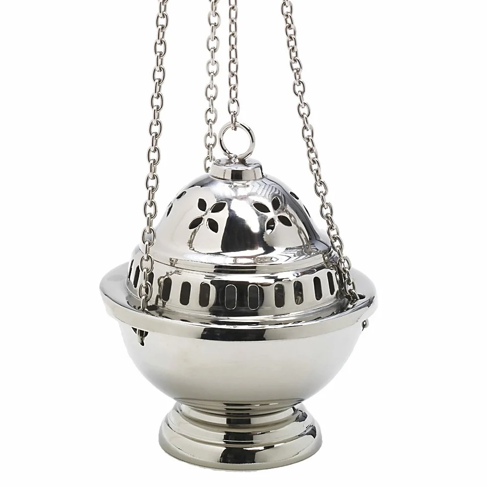 NKlaus incensario Plateado de latón con Cadena 60 cm y Copa extraíble Quemador Artesanal para Incienso meditación Ritual purificación Regalo Espiritual Hecho a Mano Altura 14 cm 2915