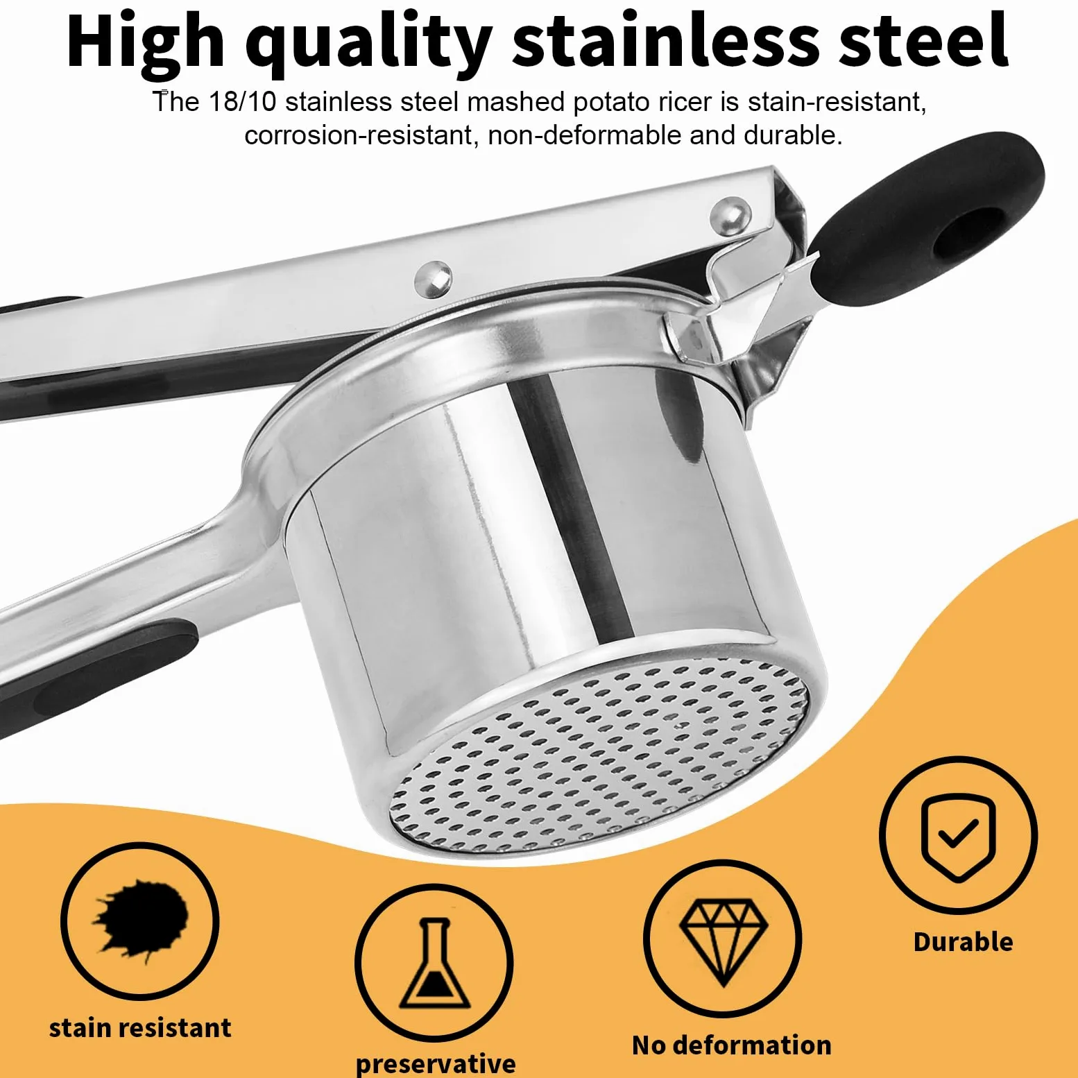 Prensador de patatas grande de 15 onzas con 3 discos intercambiables, de acero inoxidable resistente para puré de patatas, herramienta de cocina con mango ergonómico, máquina de spaetzle
