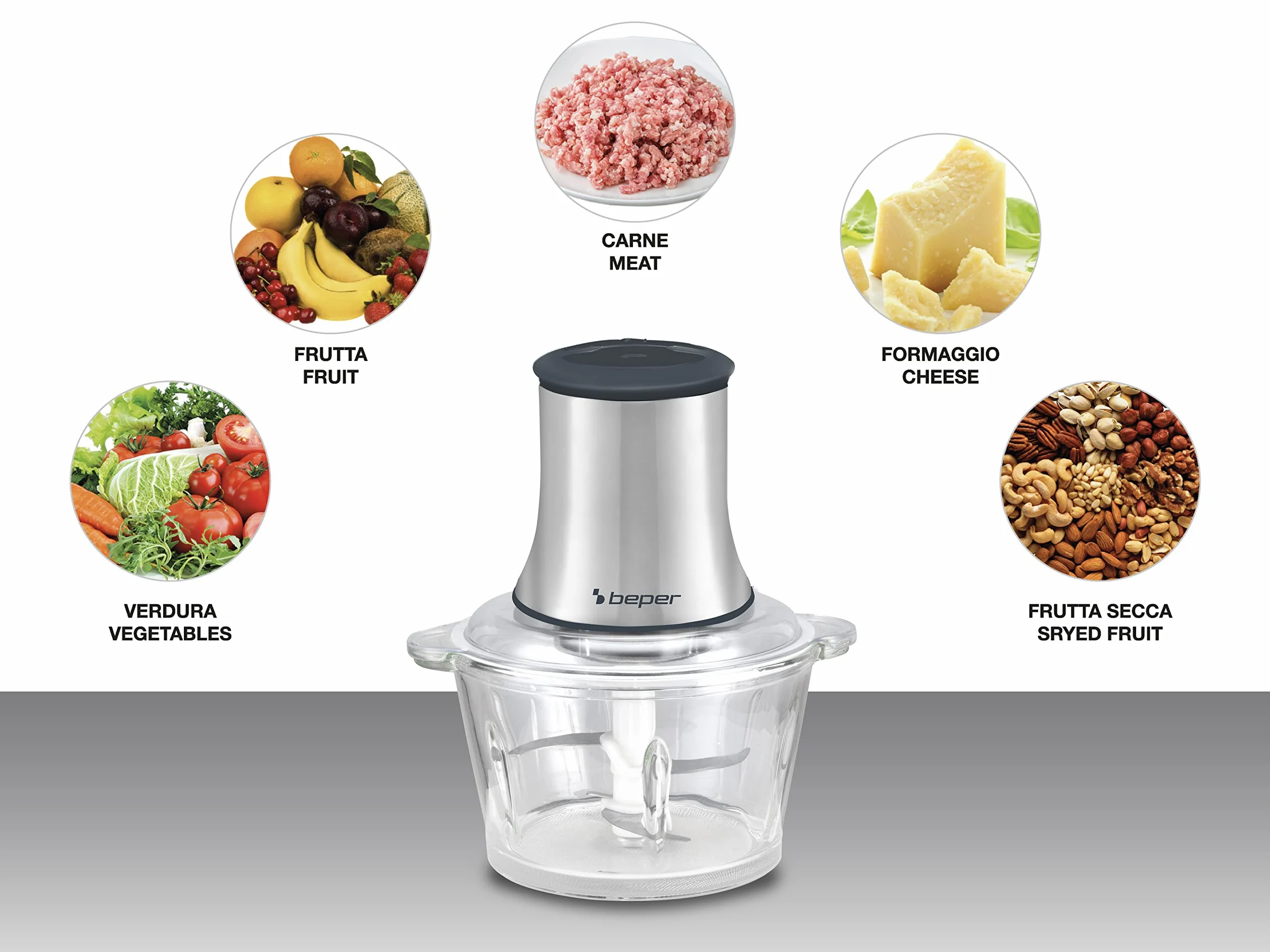 BEPER P102ROB001 Picador de vidrio, Recipiente de vidrio, Cuerpo Abs, Doble par de cuchillas de acero, 2 velocidades, Base antideslizante, Capacidad 1.5L, Gris/Negro