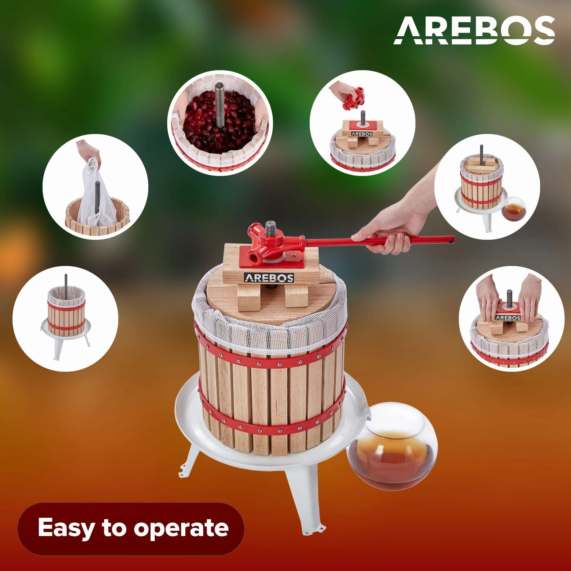 Arebos Prensa de Frutas 12L | Prensa Manual de zumos I Prensa de Bayas Incl. paño de prensado, Placa de presión y husillo metálico I para Todo Tipo de zumos y Verduras