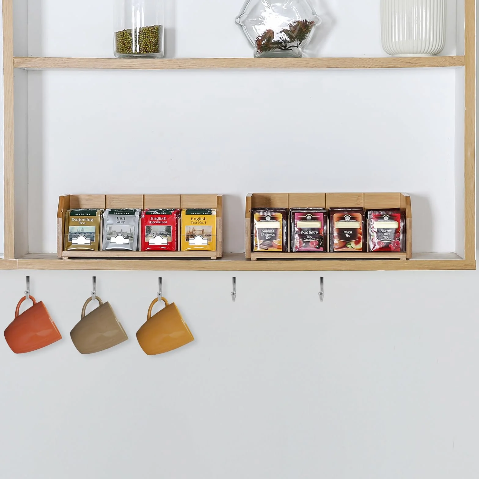 TIOPGHAD Organizador de bolsas de té de bambú apilable de 2 capas, soporte de almacenamiento para bolsas de té, contenedores de madera para té, estante de estación de té para gabinete, encimera
