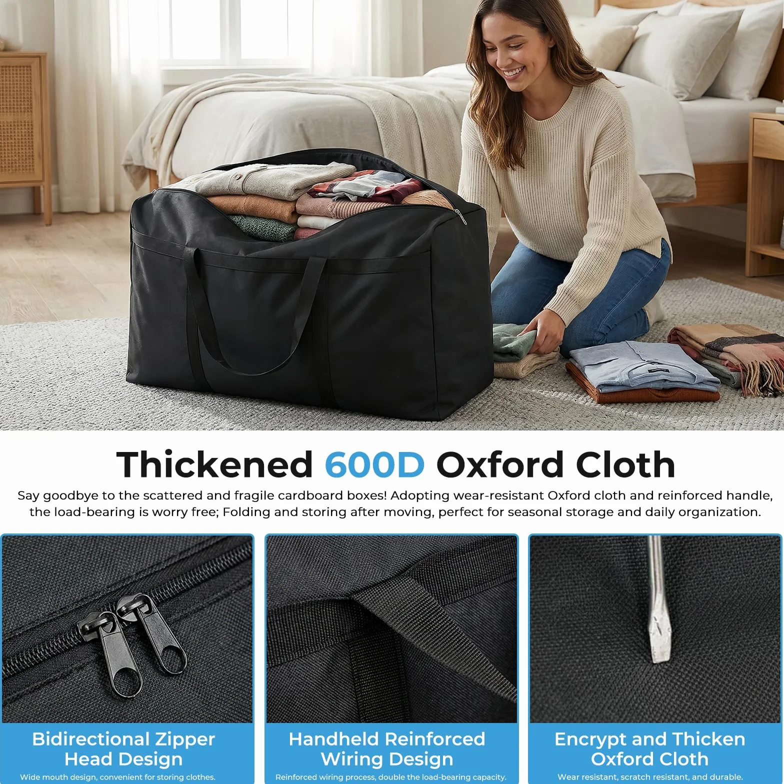 4 Piezas Bolsas de Almacenamiento Grandes de 105 Litros, 600D Oxford Bolsas de Mudanza Resistentes con Cremallera y Asa, Bolsa de Transporte Impermeable para Mudanzas, Edredones, Ropa de Cama, Negro