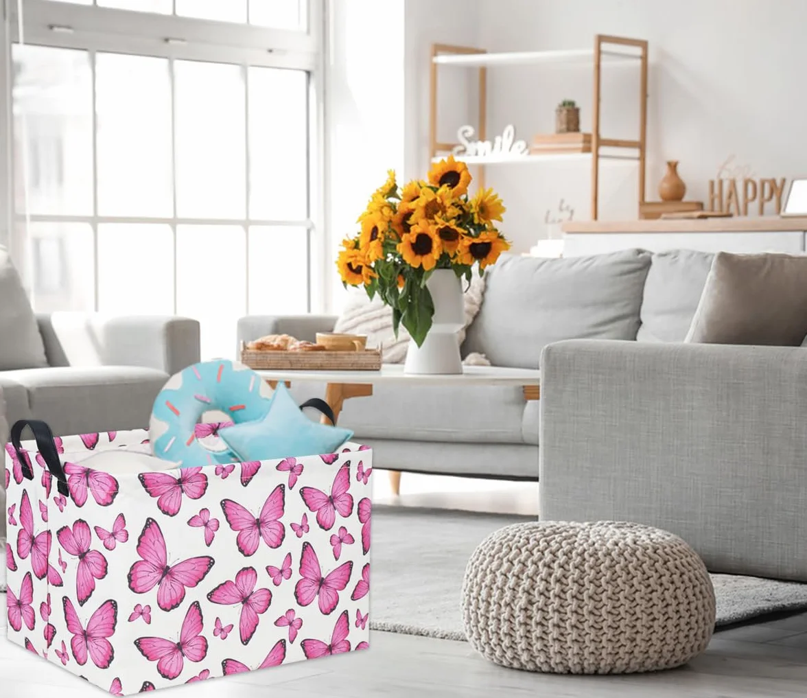 Cesta rectangular almacenamiento niños mariposa rosa bebé juguetes caja organizadora arco iris