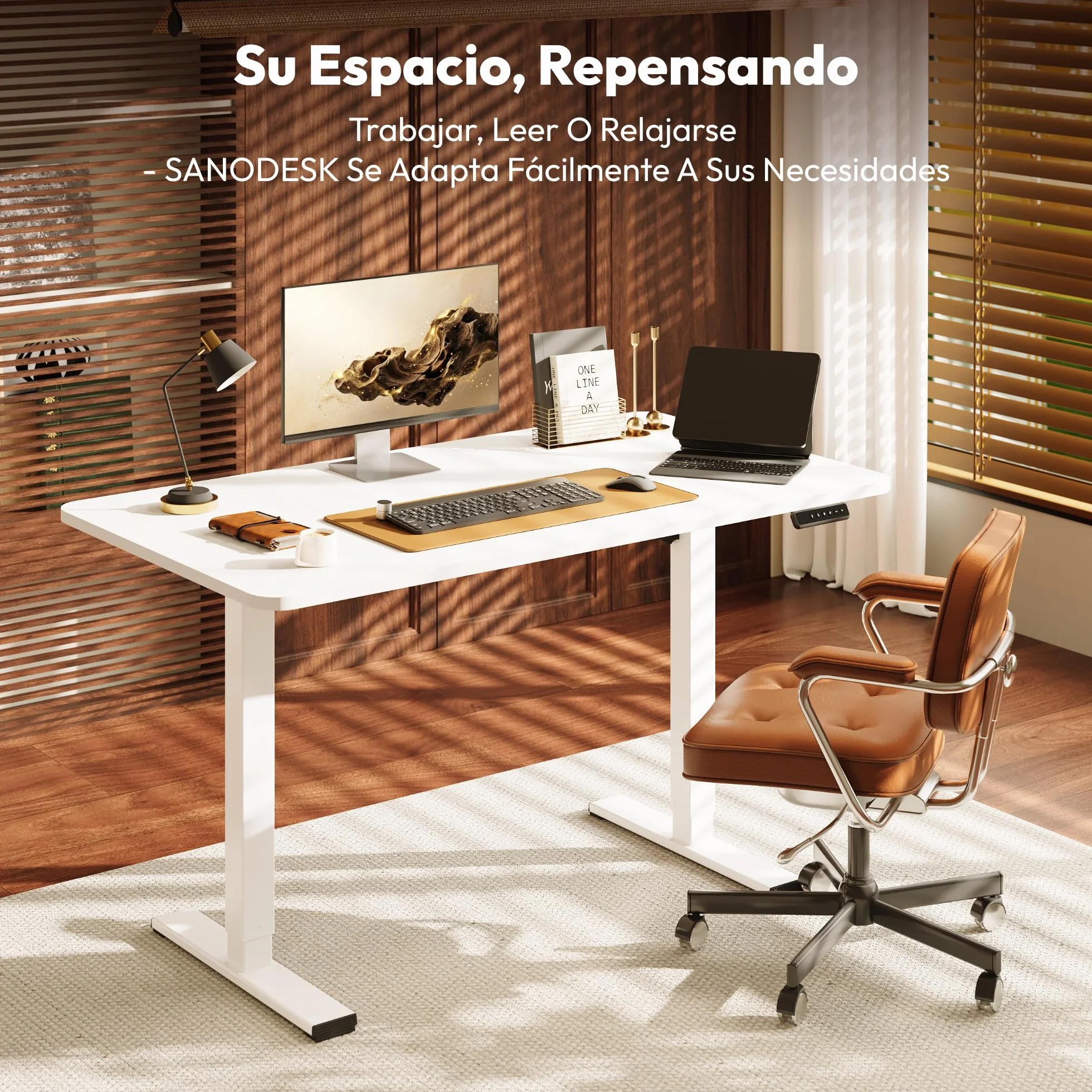 SANODESK Escritorio Elevable Eléctrico con Tablero Entero de Una Pieza 120x60 cm, Regulable en Altura con Memoria, Estable, Silencioso y Anticolisión, Ideal Teletrabajo y Oficina en Casa (Blanco)