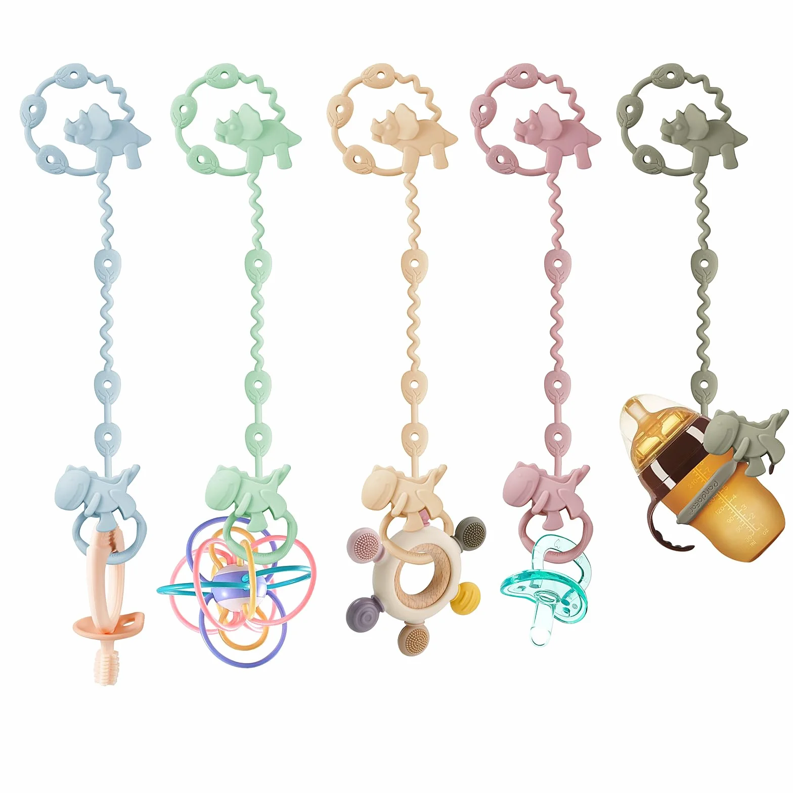 PandaEar Correas de silicona dinosaurio para chupetes, paquete de 5 arnés ajustable para botellas