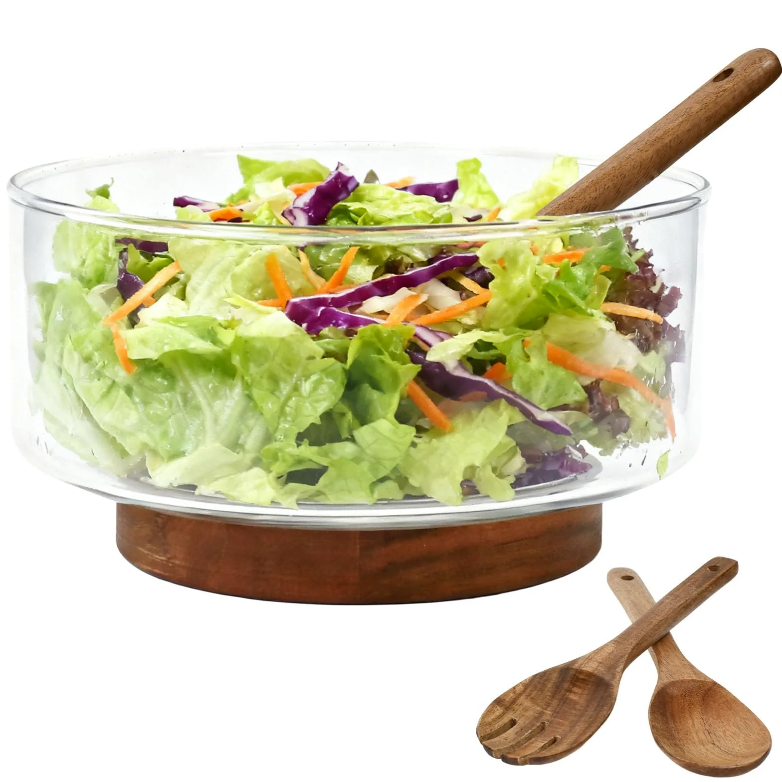 Bol Cocina Cristal 23cm 3700ml Bol Ensalada Grande Bol de Mezcla Ensaladera Cristal con base de Madera Apto para Lavavajillas Microondas para Preparar, Servir y Mezclar + 1x Cuchala 1x Tenedor | Cuenco grande de cristal, ensaladera de cristal extragrande