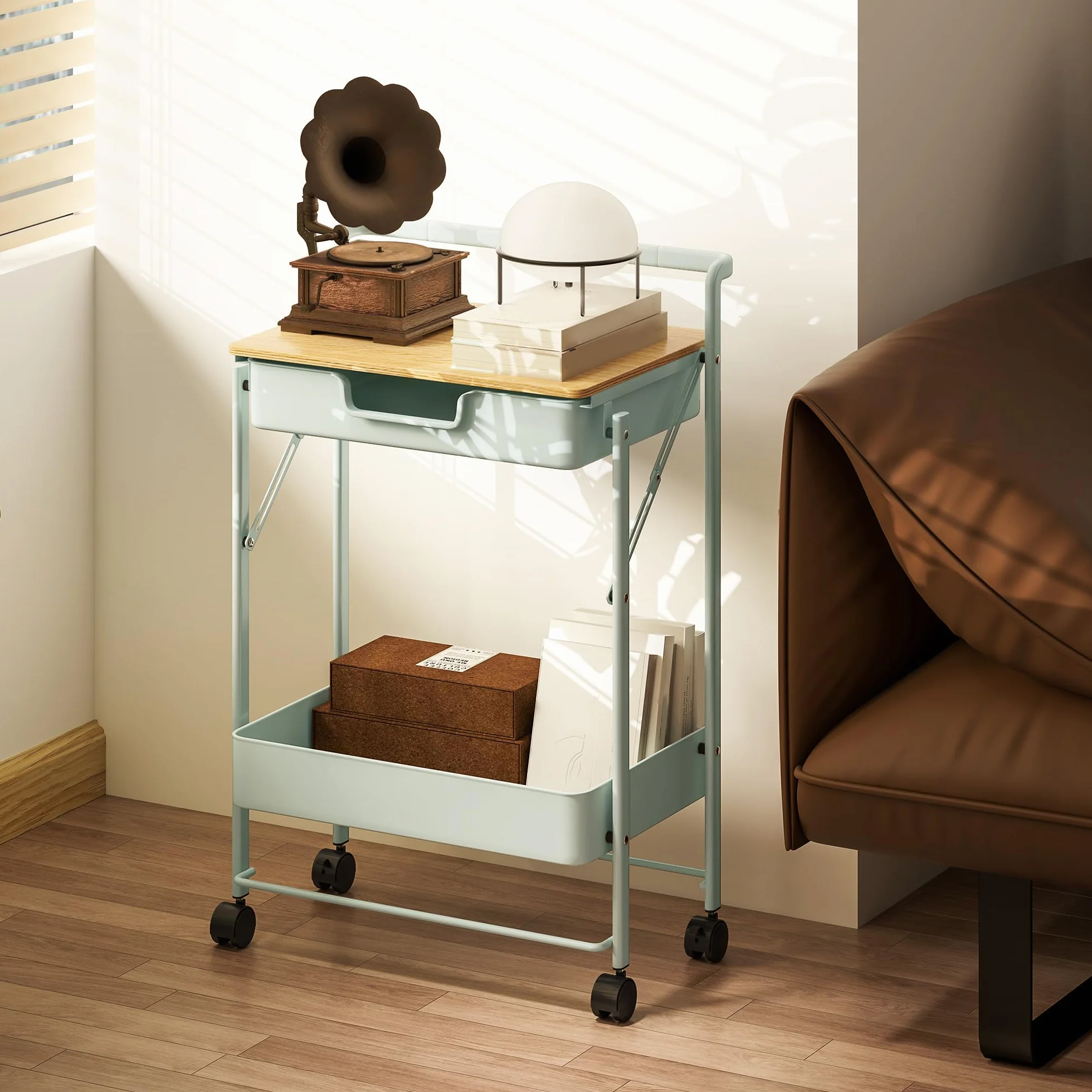 HOMCOM Carrito Auxiliar con Ruedas de 2 Niveles Carro de Cocina con 1 Cajón y 1 Cesta Carrito Organizador para Dormitorio Salón Oficina Verde Claro