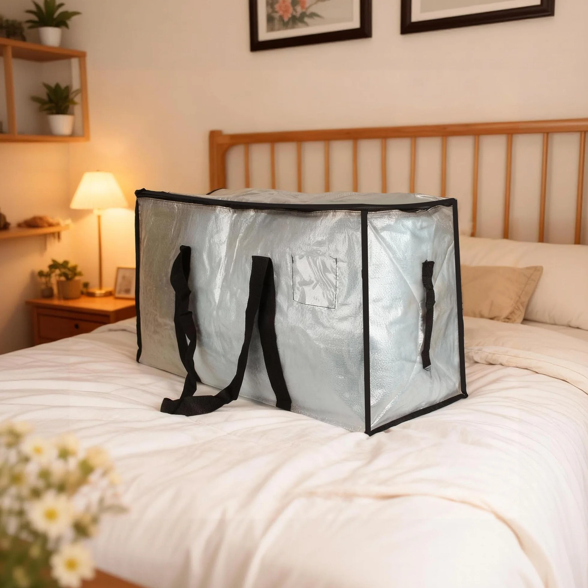 Paquete de 6 bolsas de almacenamiento grandes de 95 litros con tapa, cajas de mudanza transparentes, plegables y resistentes con cremallera y asa,para mudanzas,camping y almacenamiento de ropa de cama