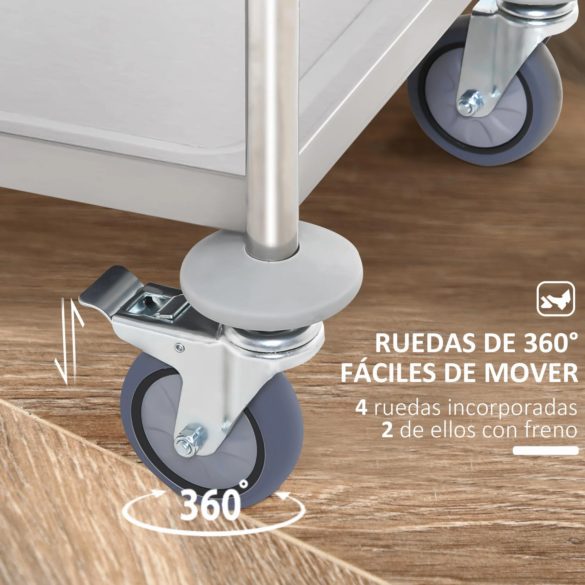 HOMCOM Carrito Auxiliar con Ruedas de Acero Inoxidable 80x45x82 cm Carrito de Cocina con Bandejas y 2 Brazos Carga 100 kg para Comedor Hotel Salón de Belleza Plata