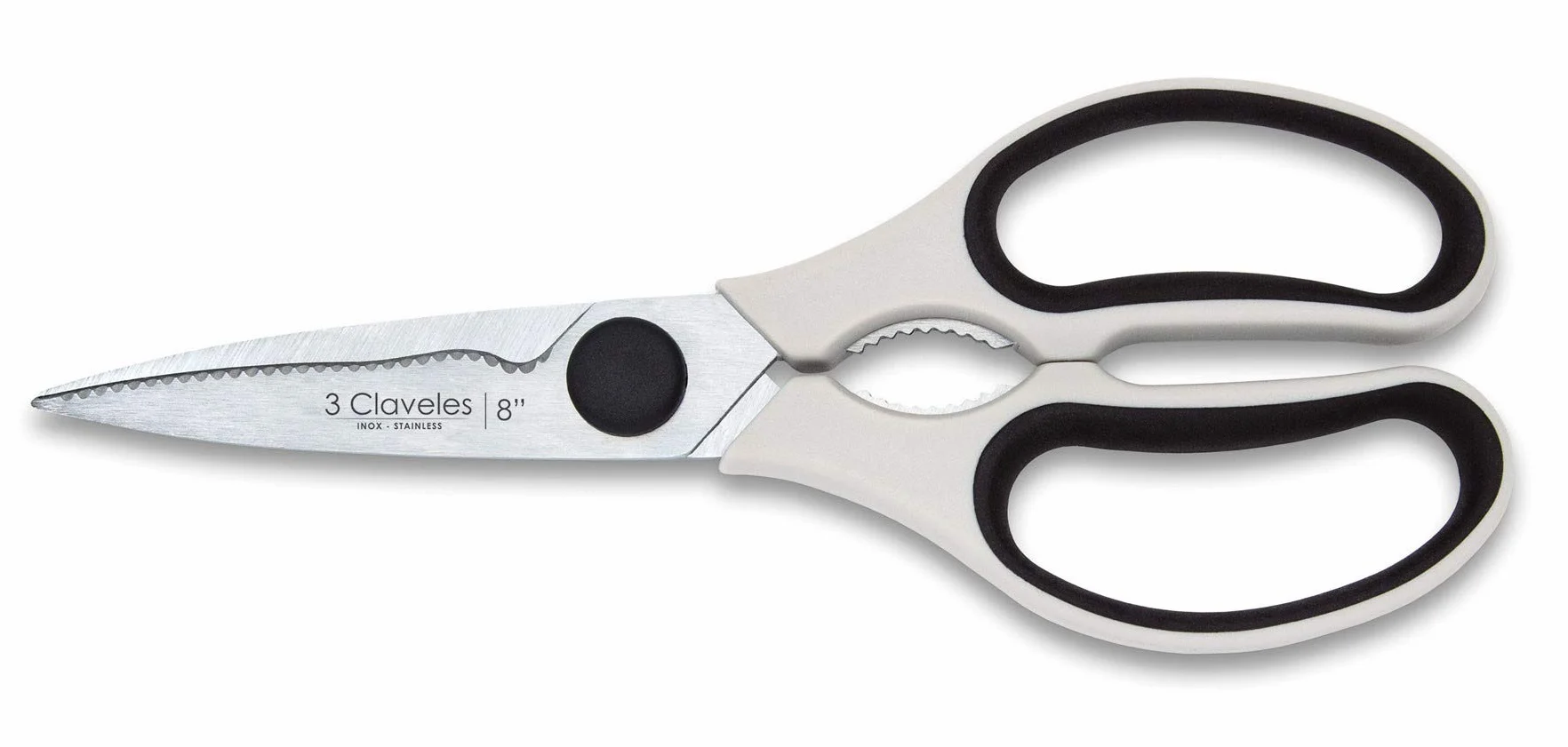 3 Claveles Tijera cocina multiusos desmontable filo microdentado Tijeras profesionales con descapsulador cascanueces ergonómicas accesorio de cocina de 20 cm 8", Blanco, Varios Usos Desmontable