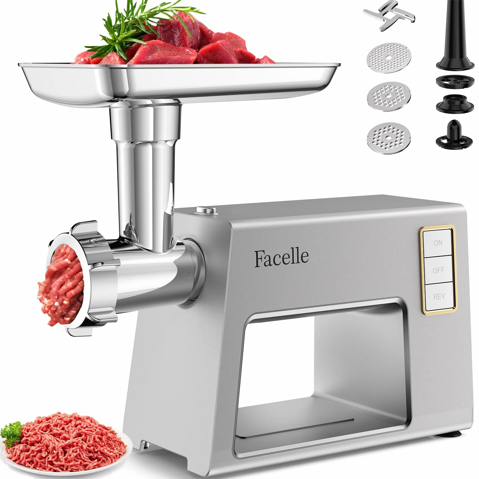 Facelle Picadora Electrica de Carne, 2000W Picadora Carne, cuchillas de acero inoxidable y 3 placas de corte, Accesorios para KEBBE y SALCHICHAS, picadora de alimentos para hamburguesas, kibbeh