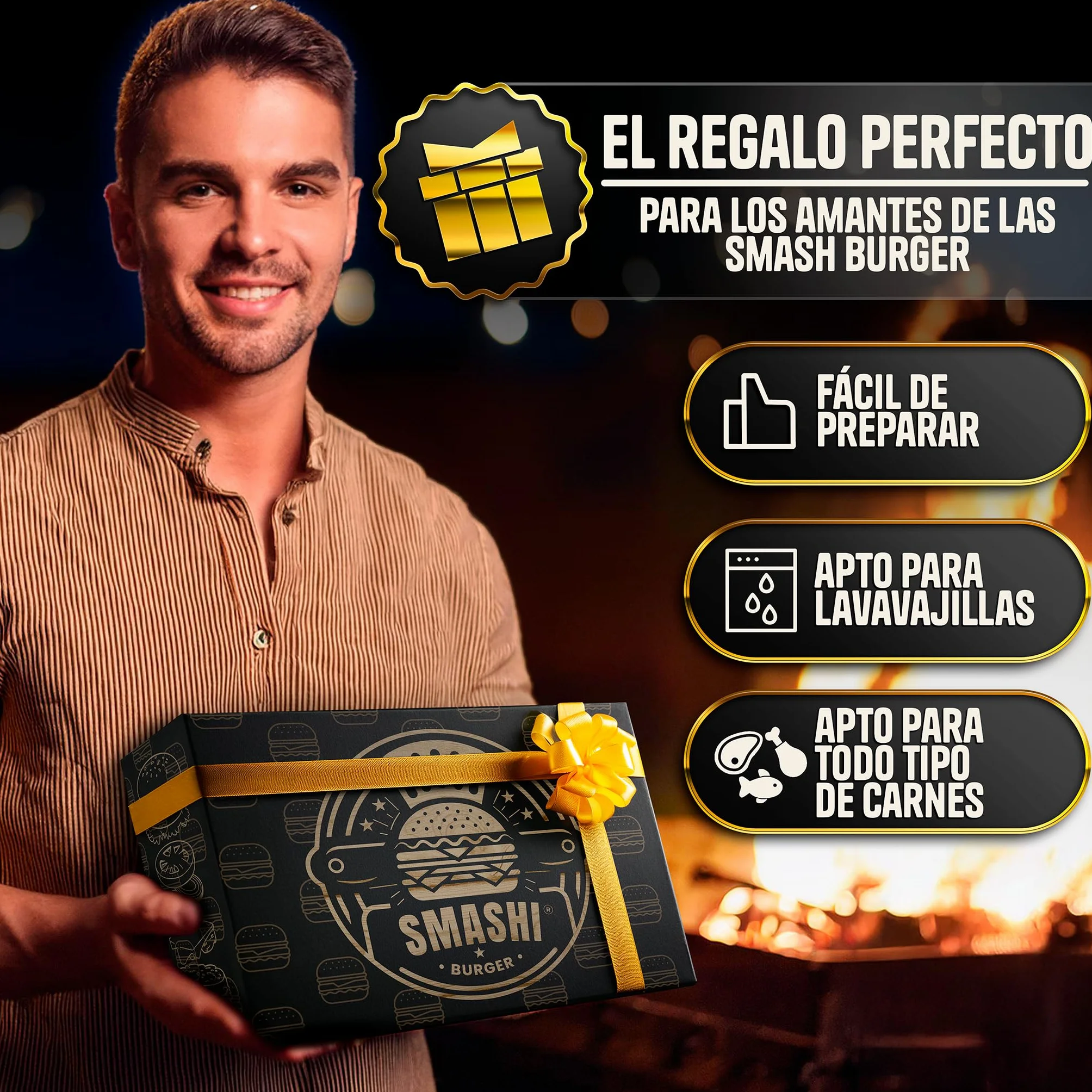 SMASHI® Smash Burger Kit Profesional Acero Inoxidable 304 Certificado EU Contacto Alimentos | Prensa Hamburguesas + 2 Espátulas con Mango de Madera + Accesorios | Incluye 25 Recetas (AVANZADO)
