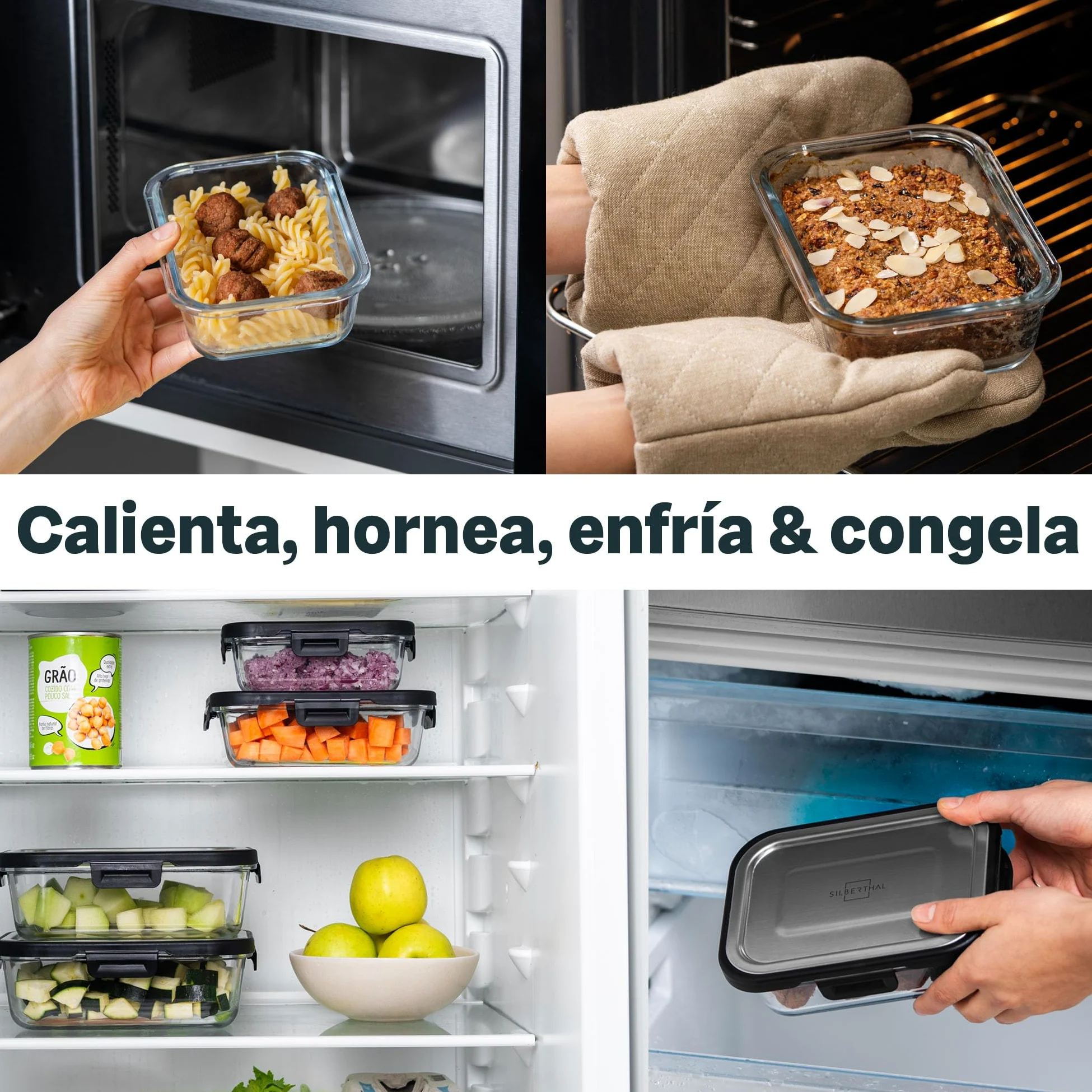 SILBERTHAL Set 3 fiambreras cristal herméticas - 370/640/1040ml microondas | Recipientes de cristal con tapa de Acero inoxidable - 370ml, 640ml y 1040ml - Vidrio DE borosilicato