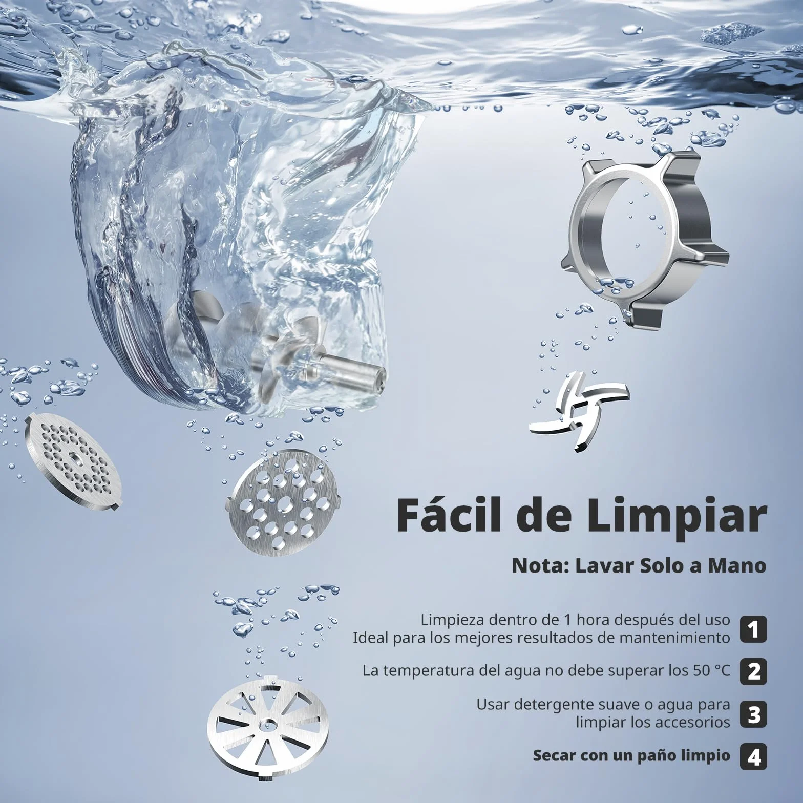 AIRMSEN Picadora de Carne Eléctrica, 2 Cuchillas de Acero Inoxidable, 3 Placas de Molienda y Accesorio para Embutir Salchichas Kubbe, Motor Silencioso, Fácil Limpieza, Ideal para Uso Doméstico (M)