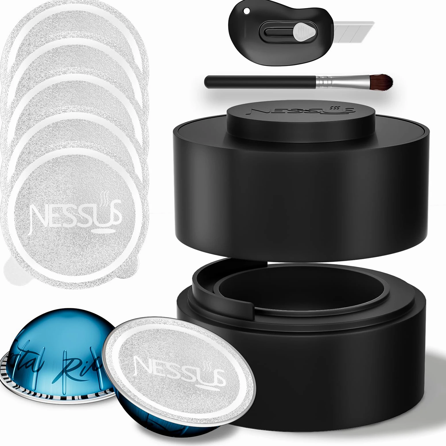 Kit de cápsulas reutilizables para Nespresso Vertuo, cápsulas de café Vertuo recargables con 100 tapas de aluminio y sellos de aluminio