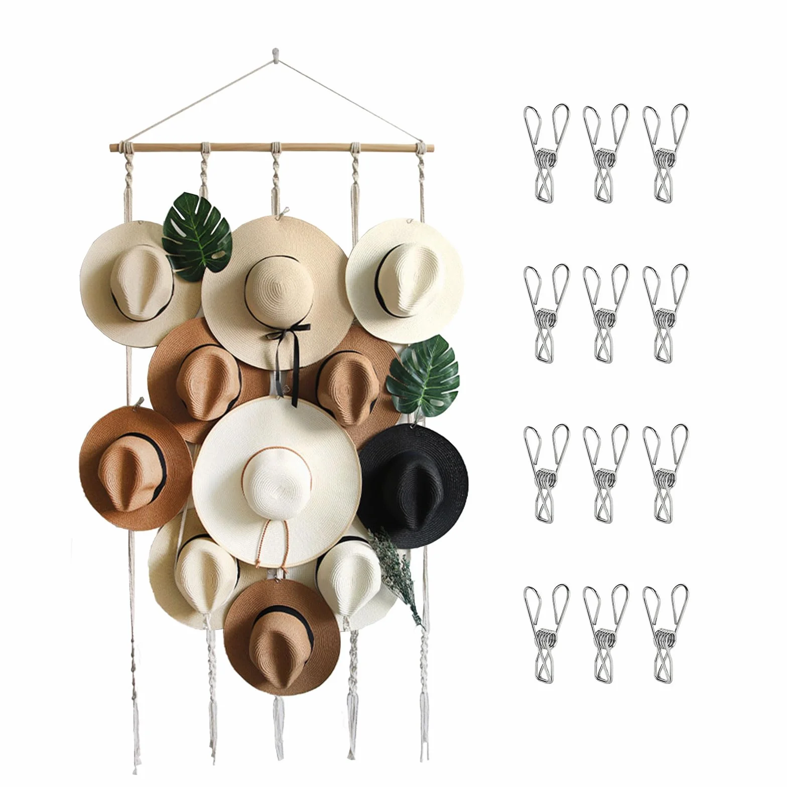 JOJOCY Estante para sombreros de pared, organizador con 12 clips, colgador decorativo para sombreros vaquero Fedora y ala ancha