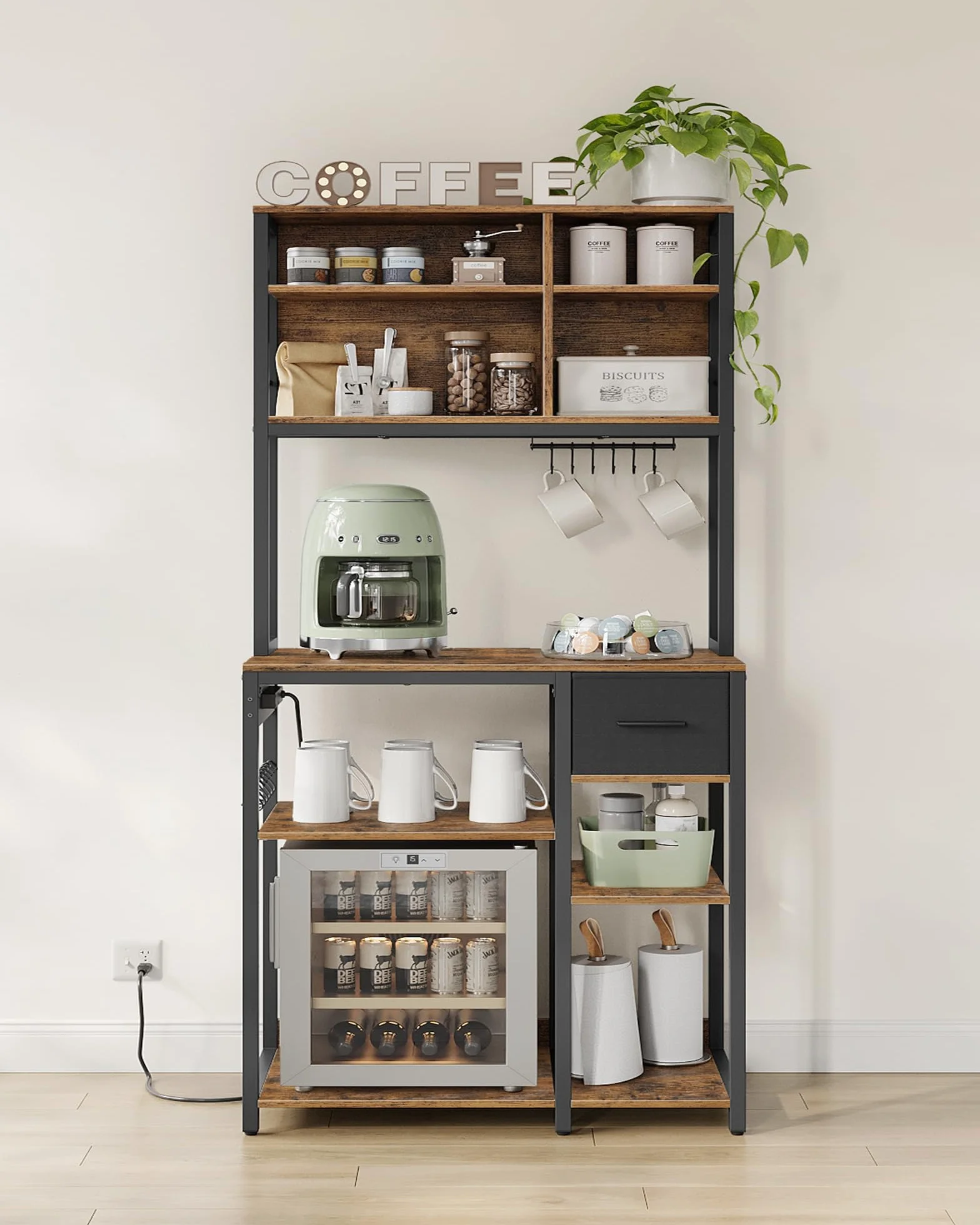 VASAGLE Estanteria Cocina con Multienchufe, Mueble Auxiliar de Cocina, Cajón de Tela, 40 x 80 x 180,4 cm, Estante de Microondas, 12 Ganchos, Marrón Rústico y Negro Tinta KKS015K03