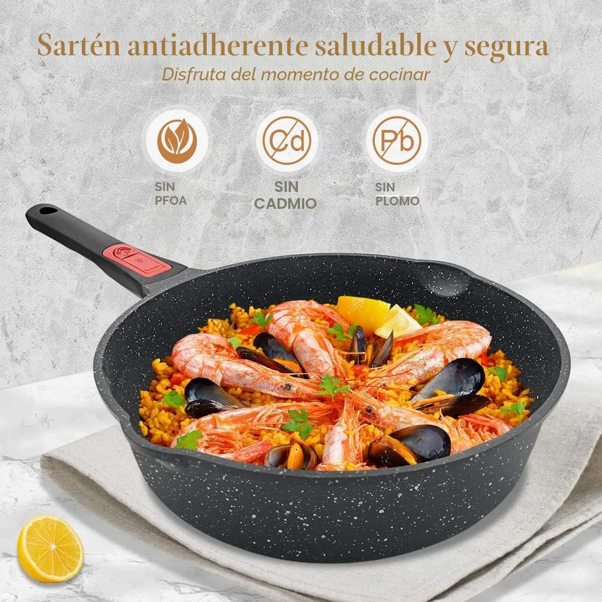 Sartén 28 cm de Antiadherente, aluminio fundido con antiadherente con asa extraíble, sartén adecuada Con tapa, Apta para Todo Tipo de Cocina. | Sartén de 7,5 cm de altura interior con mango extraíble, apta para todo tipo de fuegos
