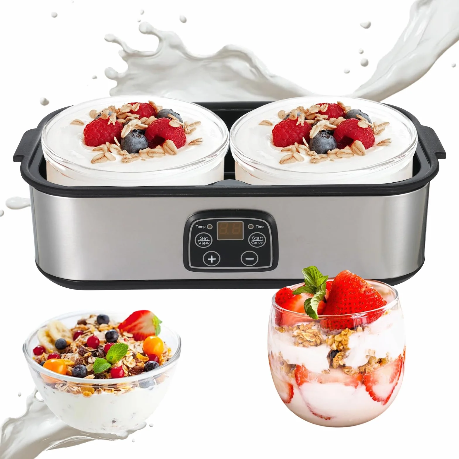 Yogur, 2 litros, máquina automática de yogur digital con 2 vasos, yogur con temporizador y control de temperatura, yogur para yogur griego, queso, natto, vino de arroz, plata, 2 litros