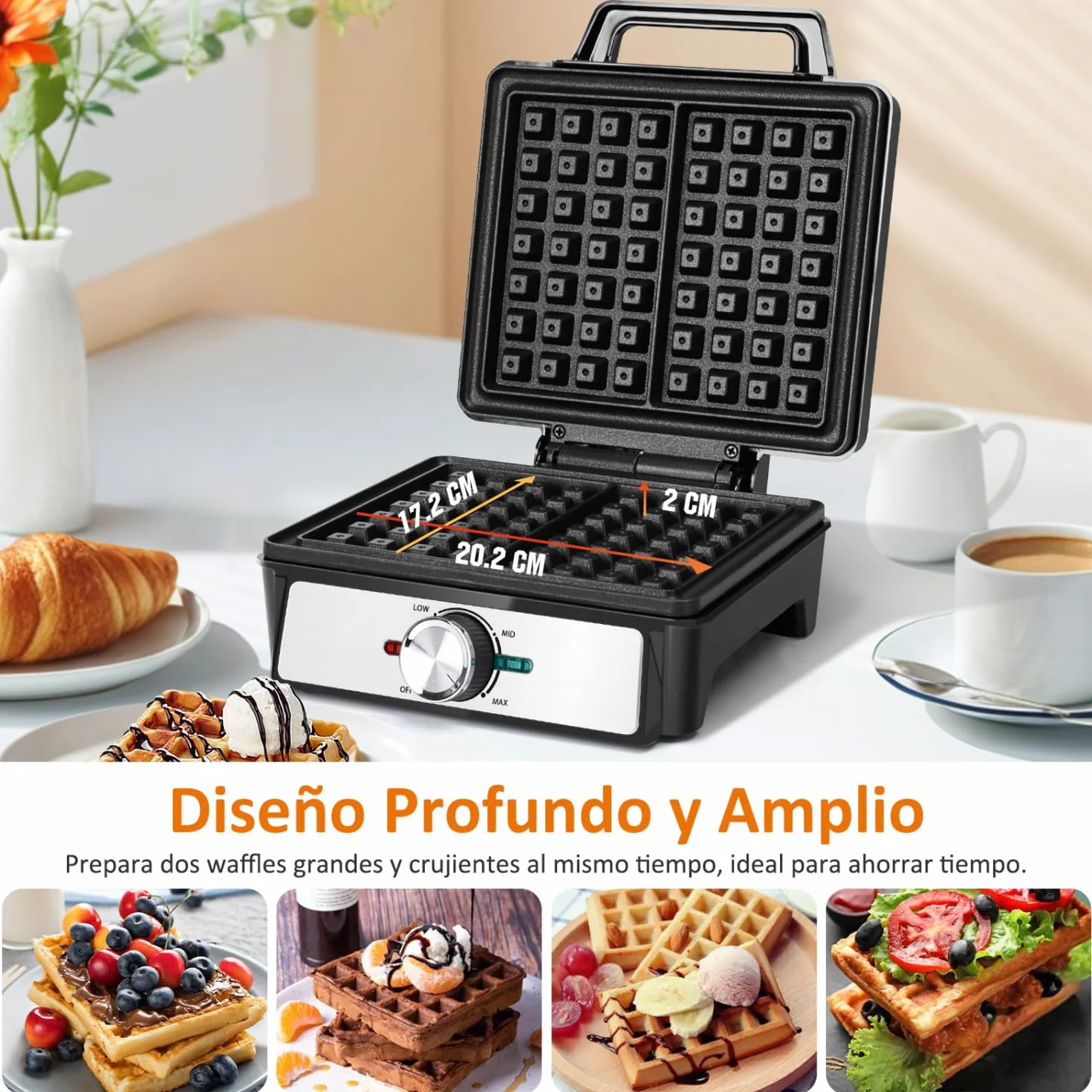 Aigostar Gofrera para 2 Gofres 1600W, Placas Hondas Antiadherentes, 20,2x17,2x2 cm, Temperatura Regulable e Indicador LED, Diseño Compacto, Libre de BPA, Acero Inoxidable y Negro, Savory