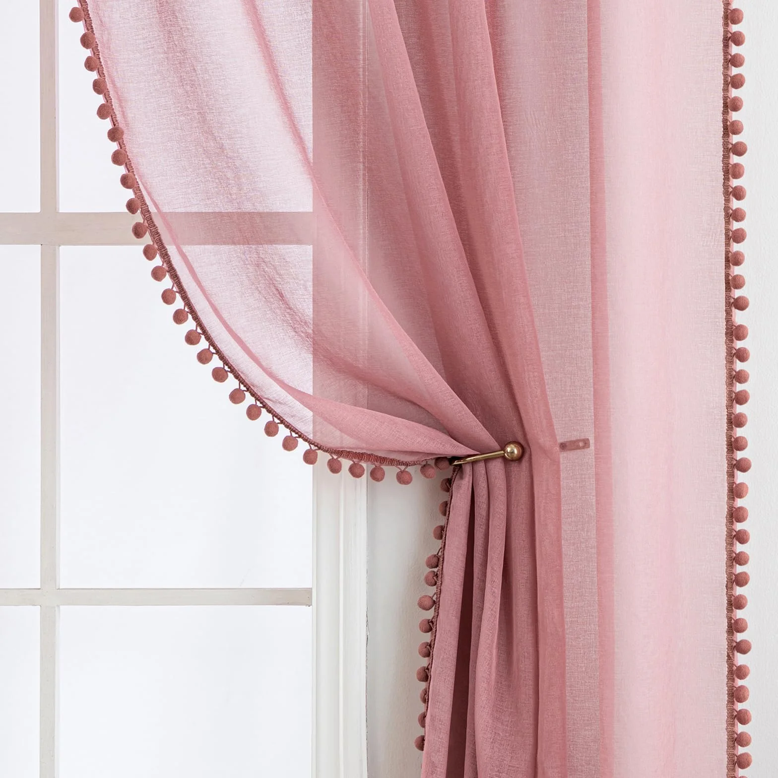 MIULEE Cortina Habitacion Rosa Oscuro con Pompones, 2 Piezas Translucidas 140 x 145cm, Visillos Transparentes para Ventanas