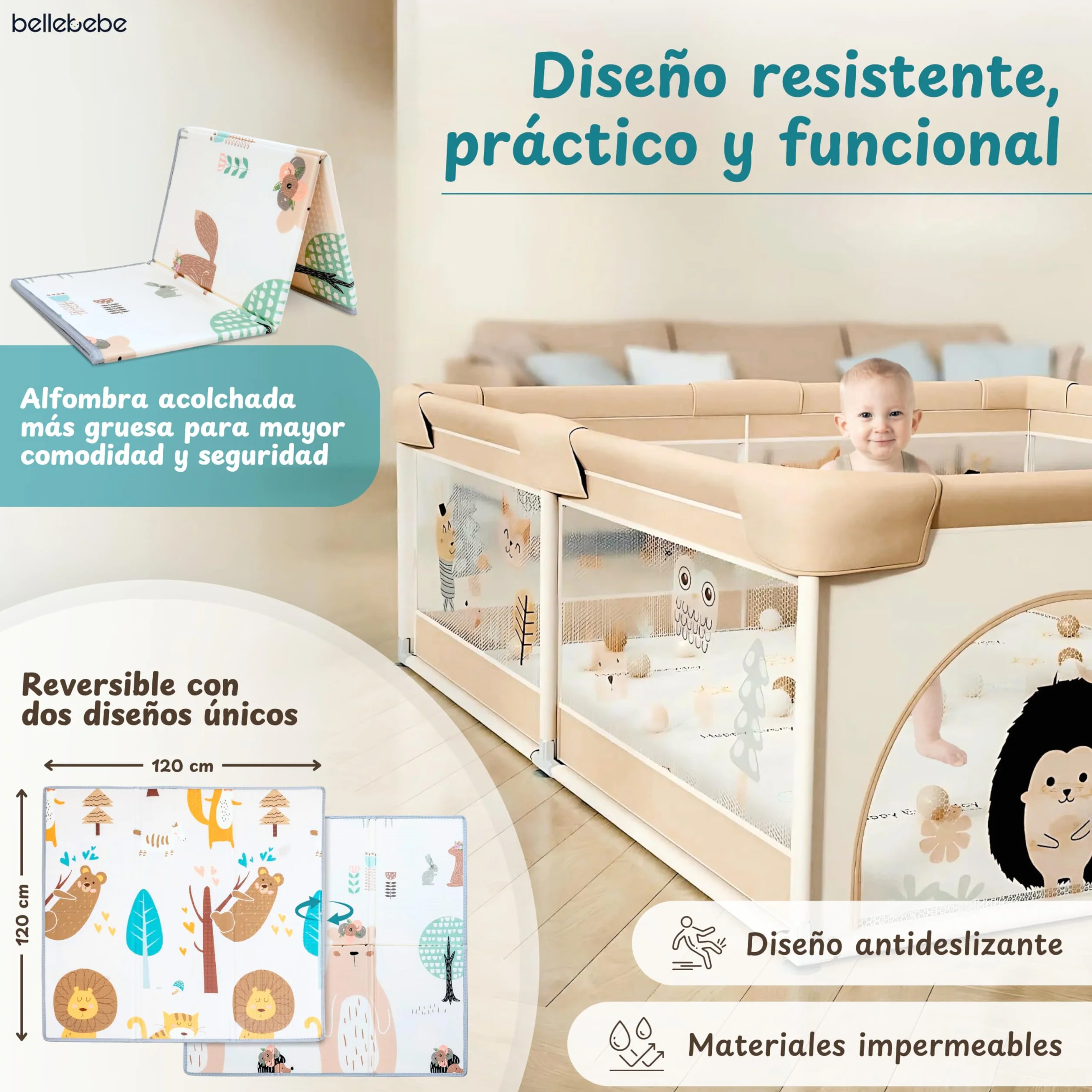 BELLEBEBE Parque Infantil Bebe 150x180cm Corralito Plegable con Alfombra Acolchada y Bolas
