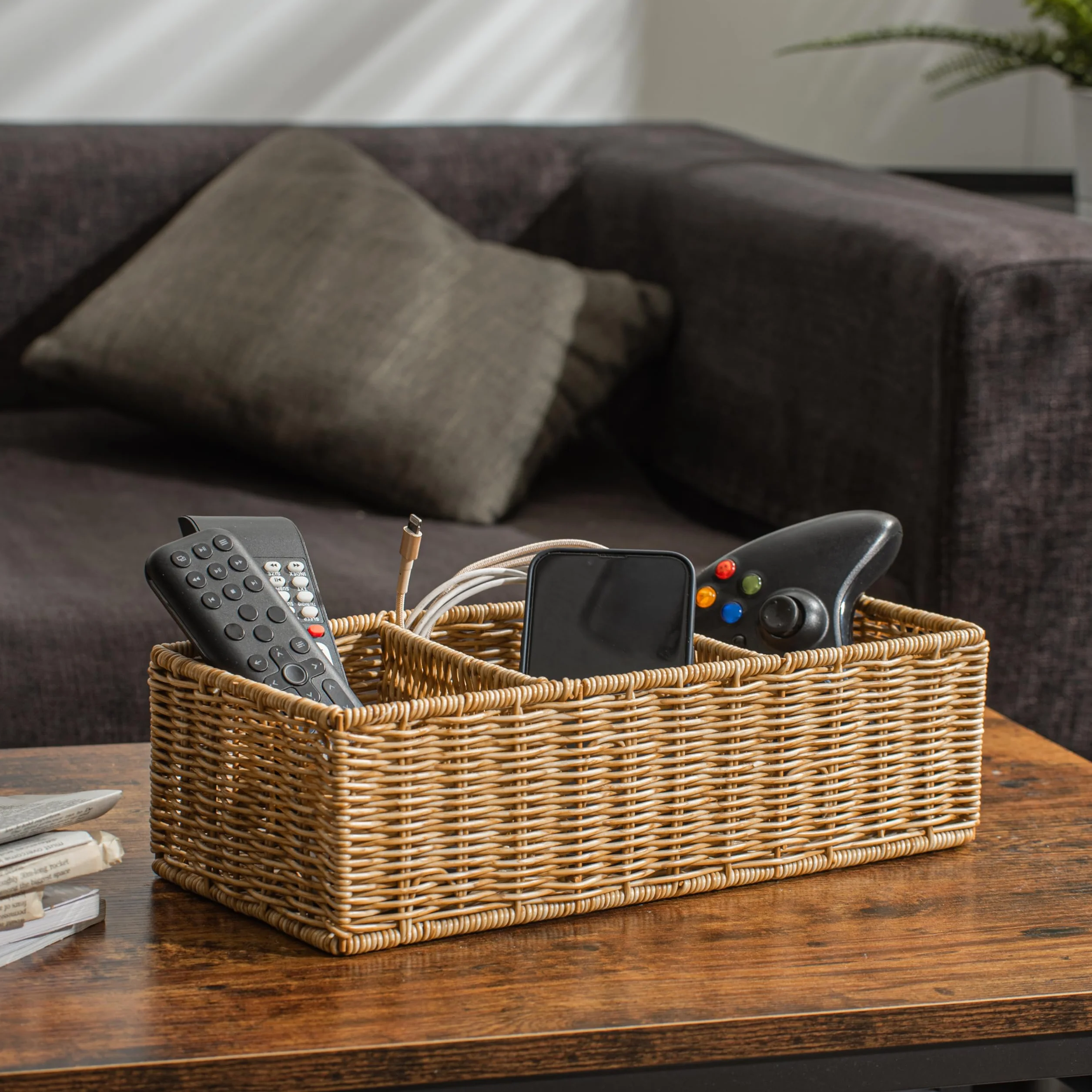 myHomeBody Cesta de mimbre con 3 compartimentos, cestas tejidas para organizar, organizador de mostrador de baño, organización de dormitorio, Tan, 1 pieza